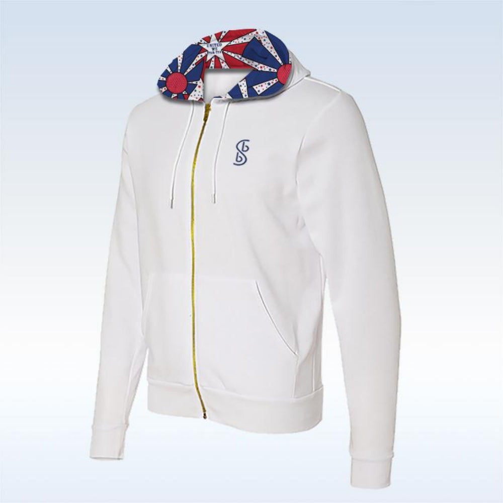 White hoodie with a colorful hood and logo on a light blue background