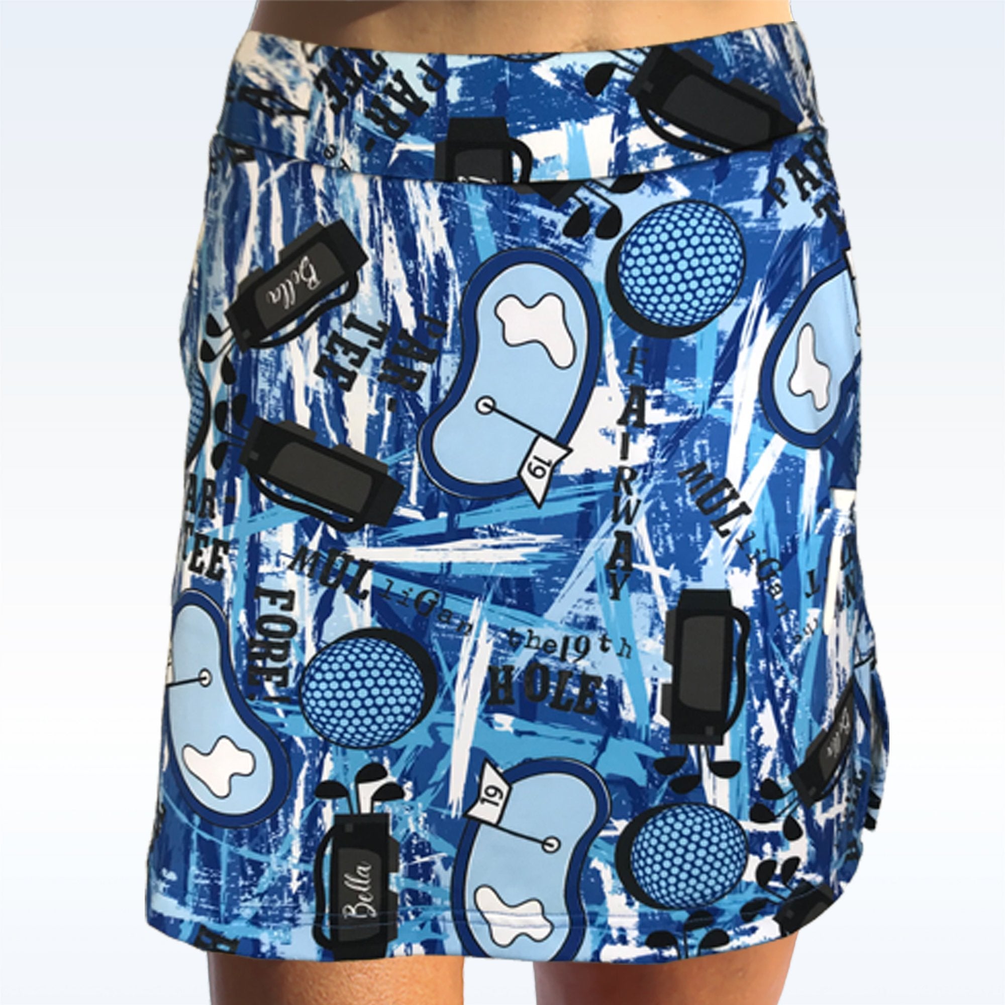 Blue golf-themed skirt with various golf-related graphics on a white background