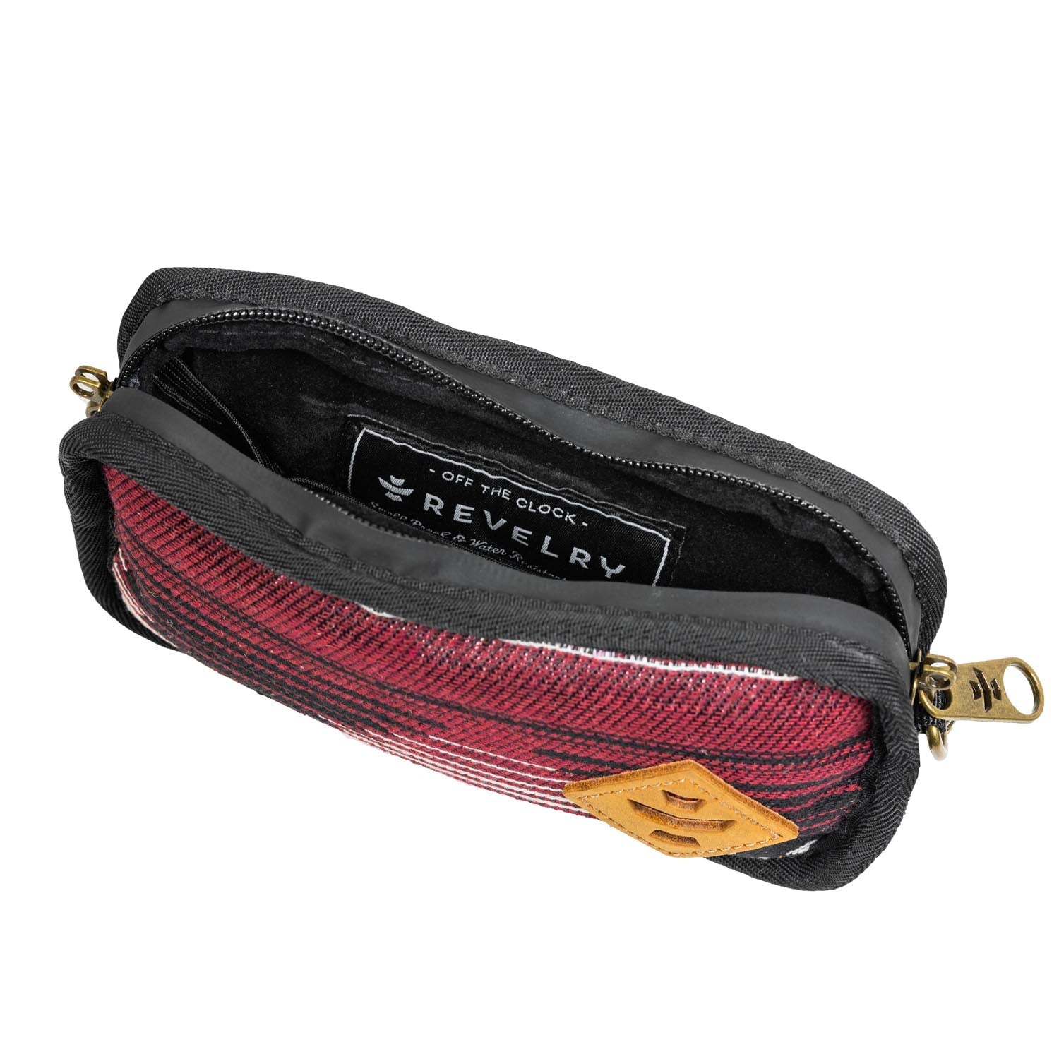 Small pouch with red pattern and black zipper, featuring 'Off the Clock Revelry' branding.