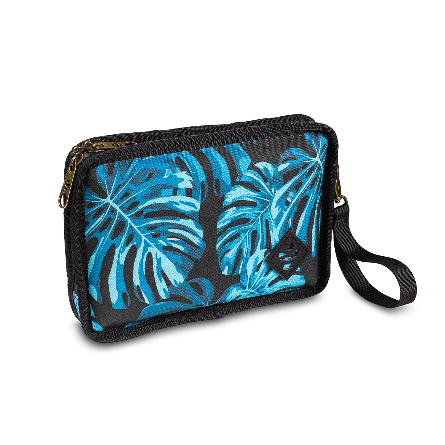 Small pouch with blue leaf pattern on a white background