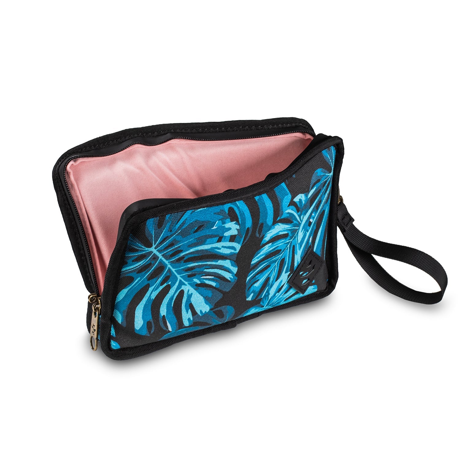 Cosmetic bag with blue leaf pattern and pink interior on a white background