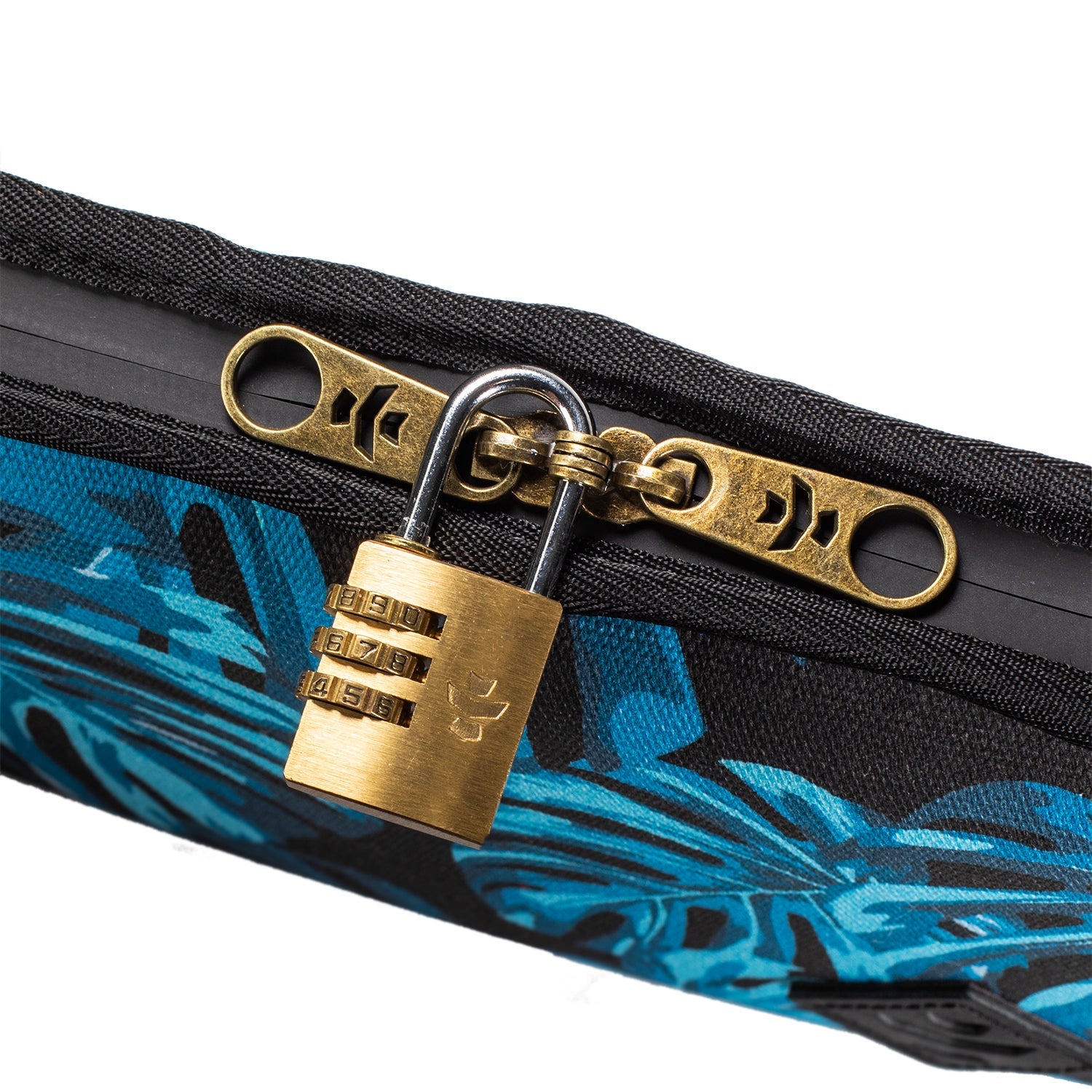Close-up of a gold padlock on a black and blue bag zipper