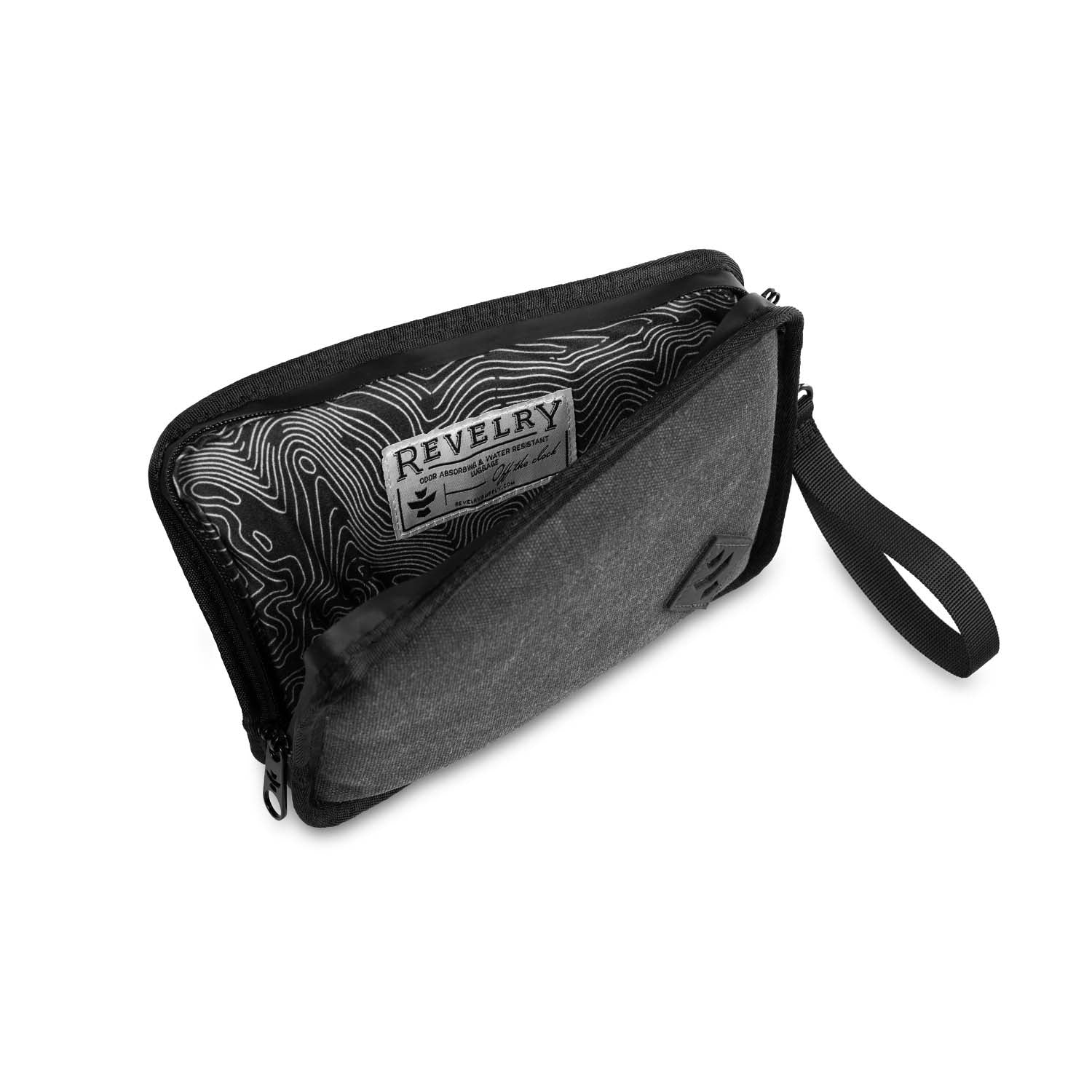 Black and gray pouch with a visible brand label on a white background