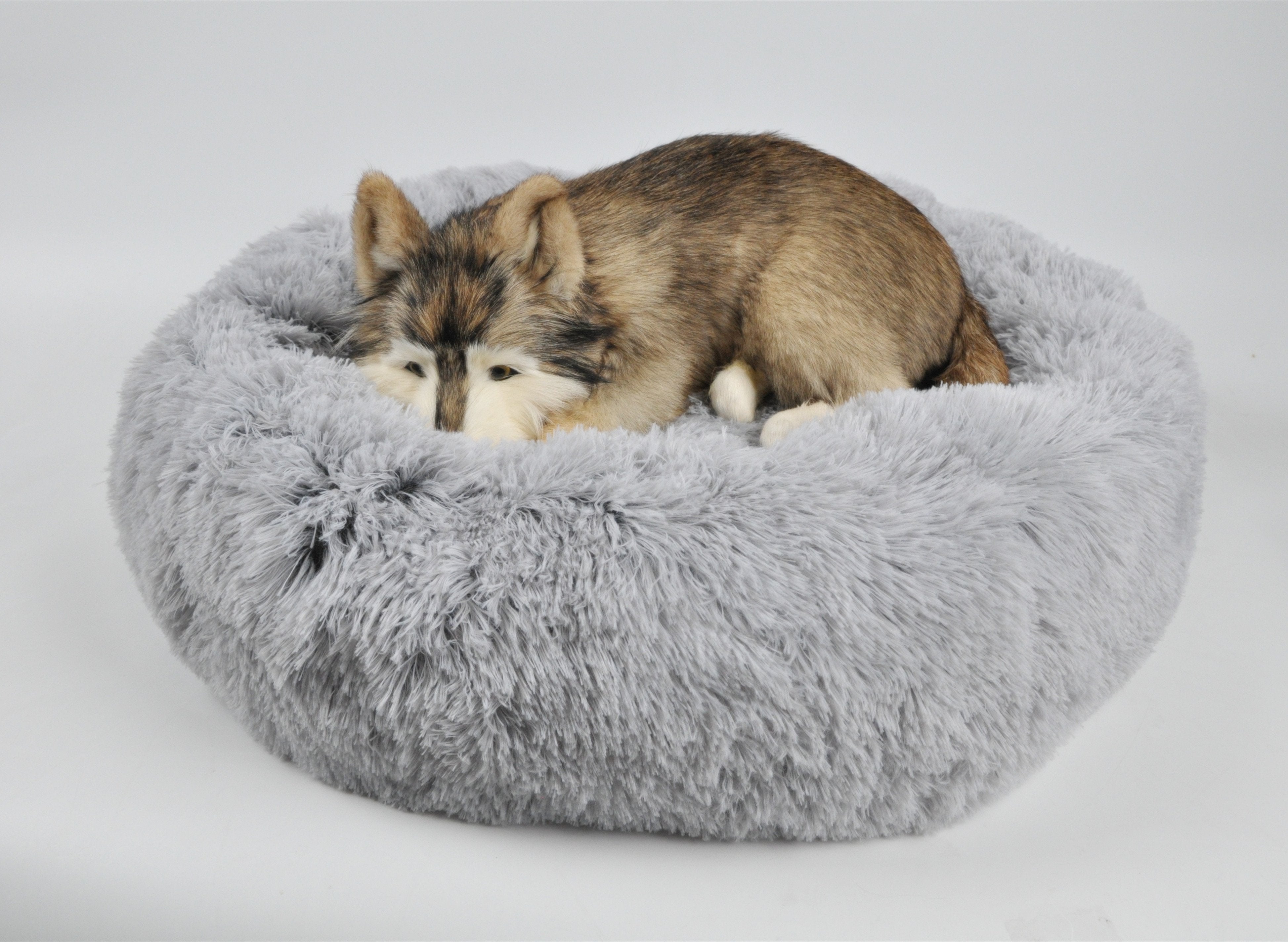 Puppy lying on a fluffy gray pet bed against a white background