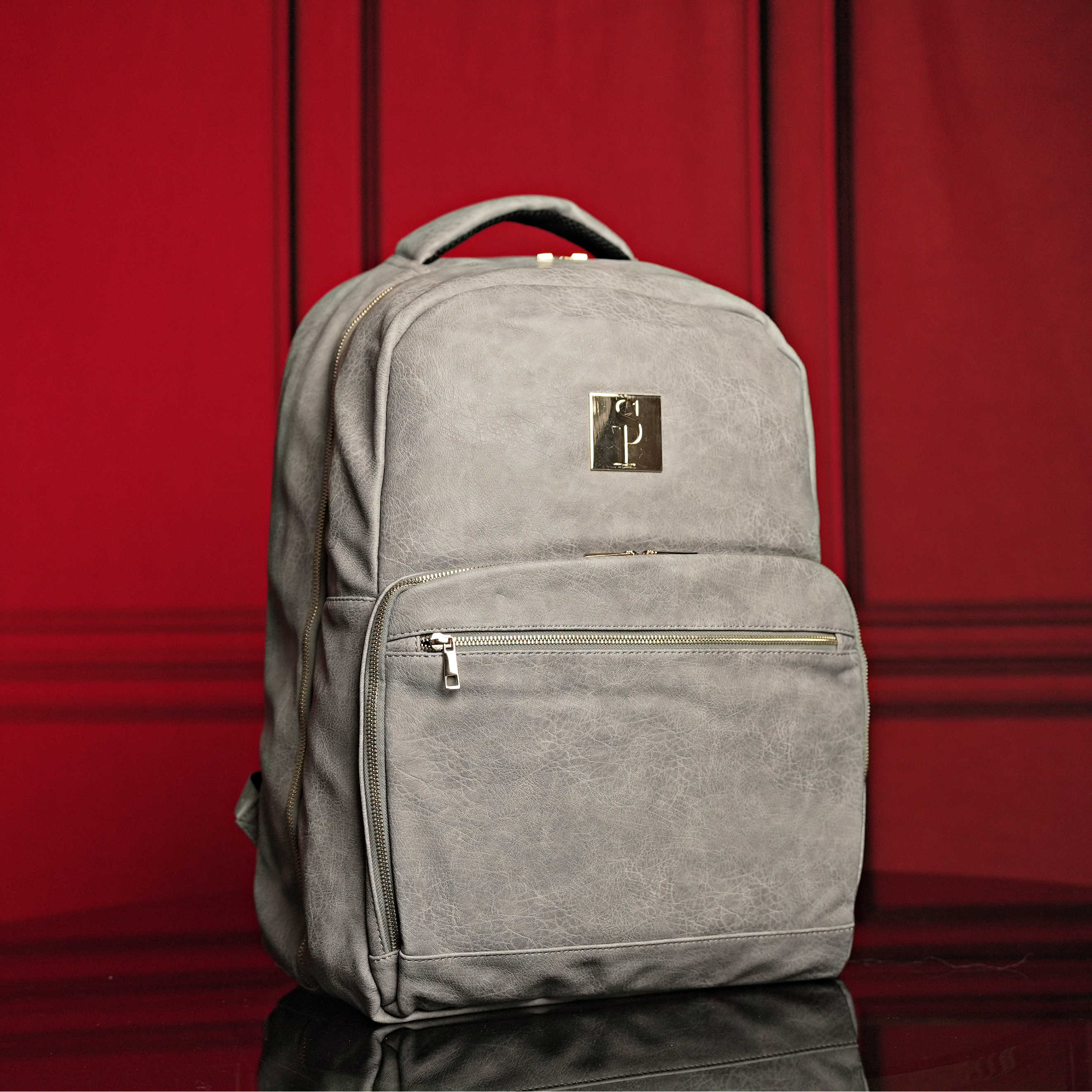 Gray backpack with a logo on a red background
