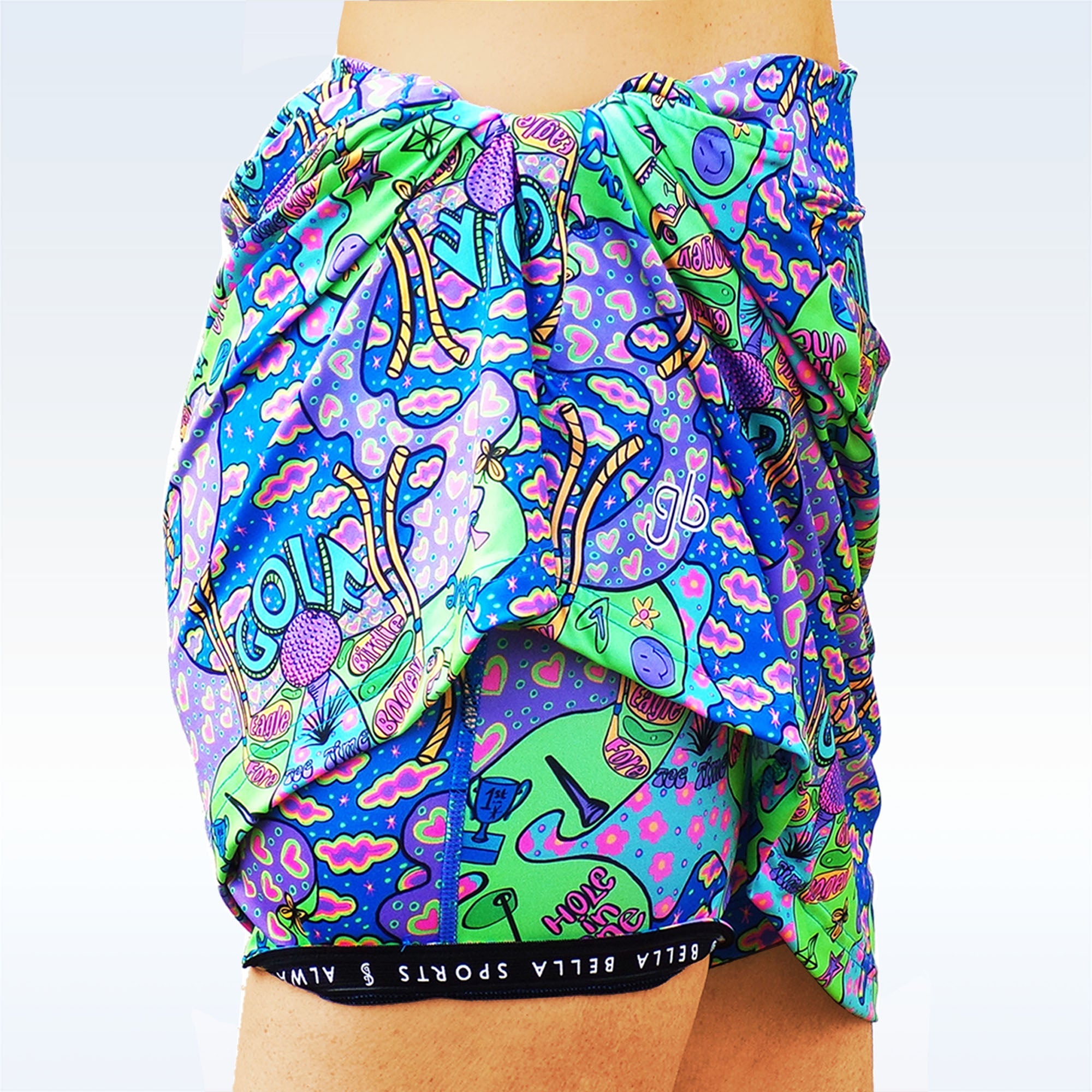 Colorful patterned wrap skirt with visible branding on a plain background
