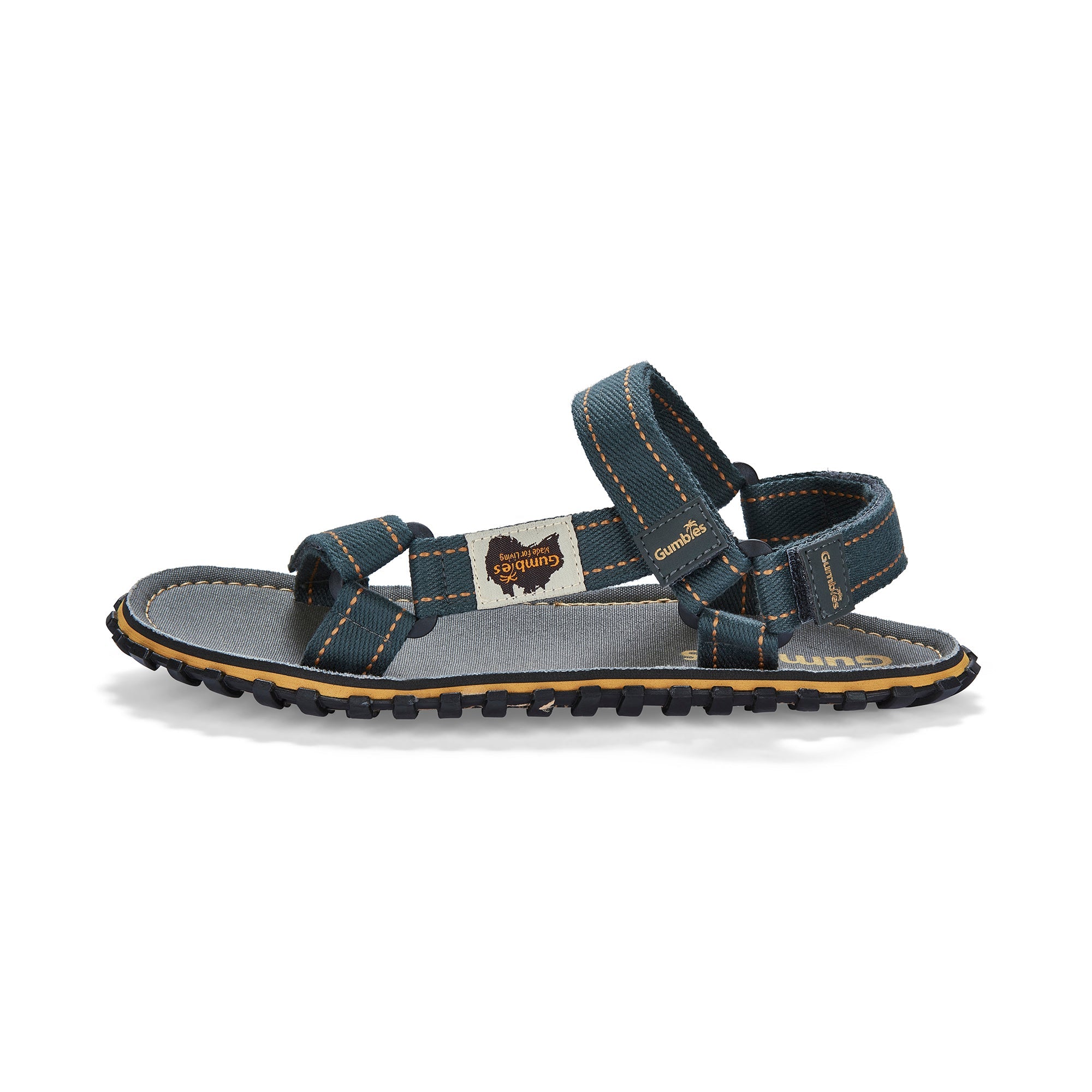 Blue sandal with a brand label on a white background