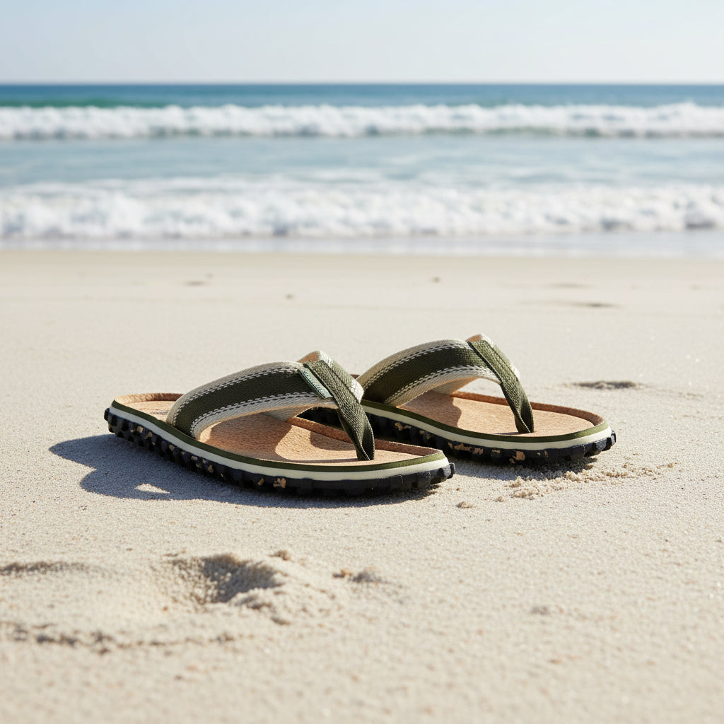 Pair of Gumbies sandals on a white background