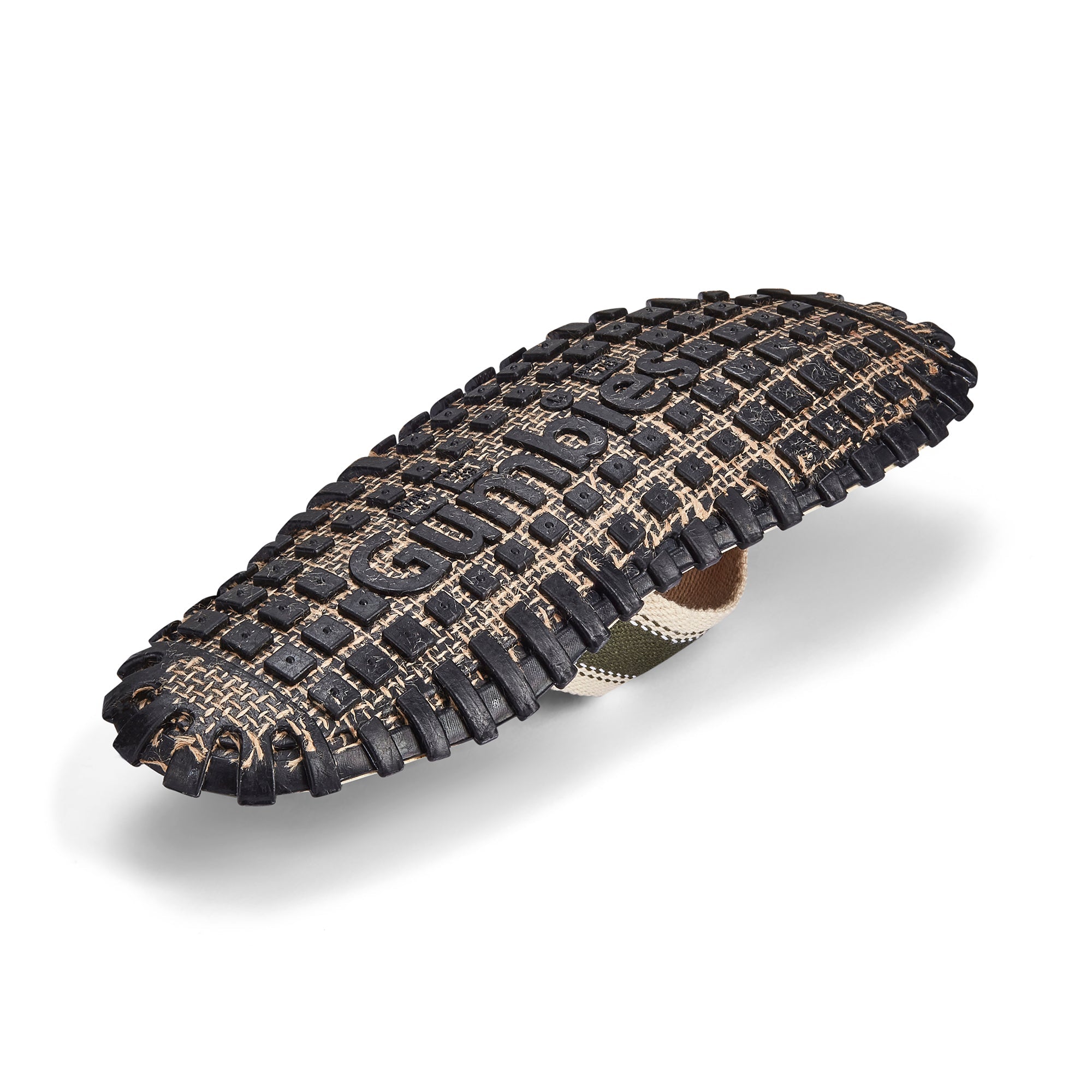 Close-up of a shoe sole with brand name on a white background