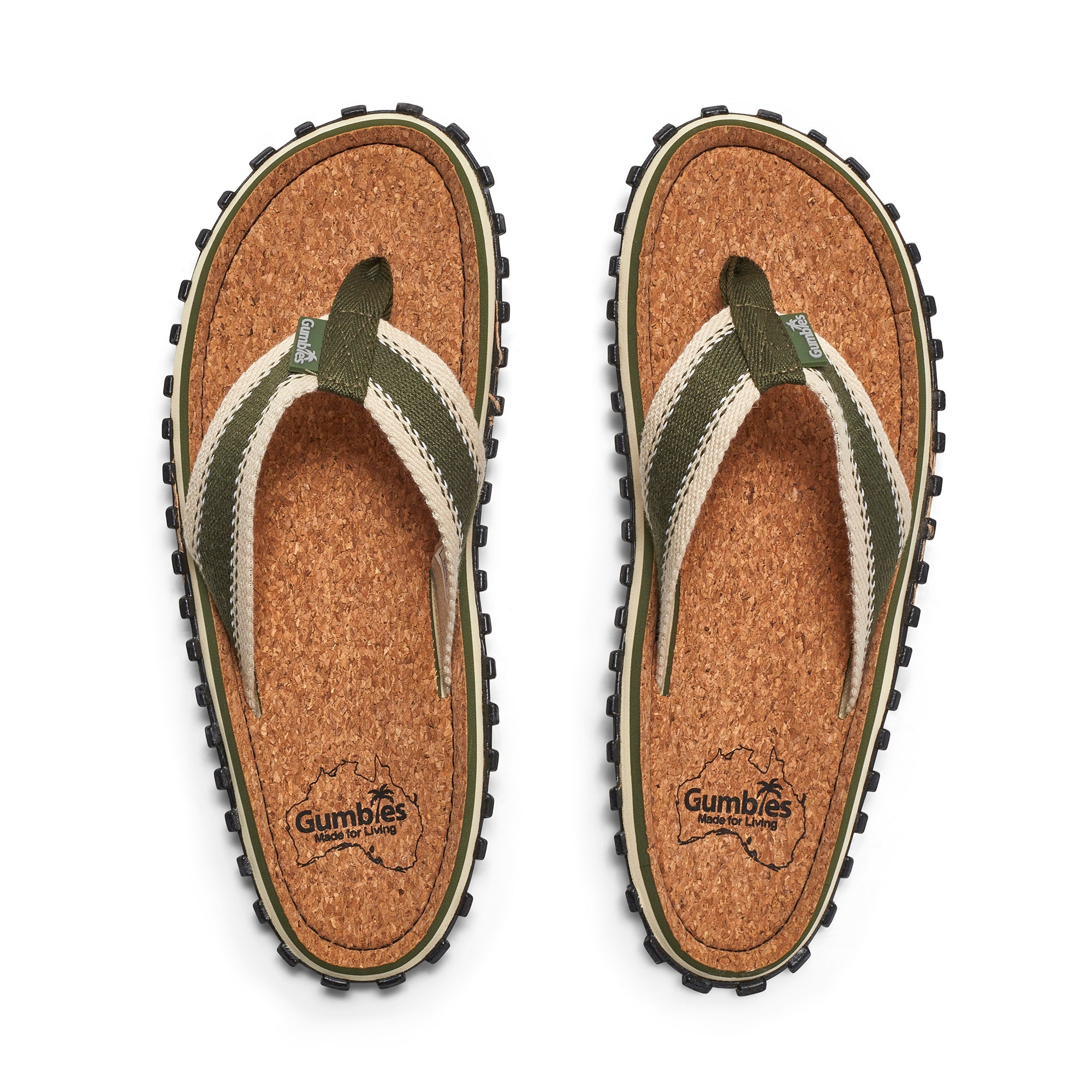 Pair of Gumbies sandals with cork soles on a white background