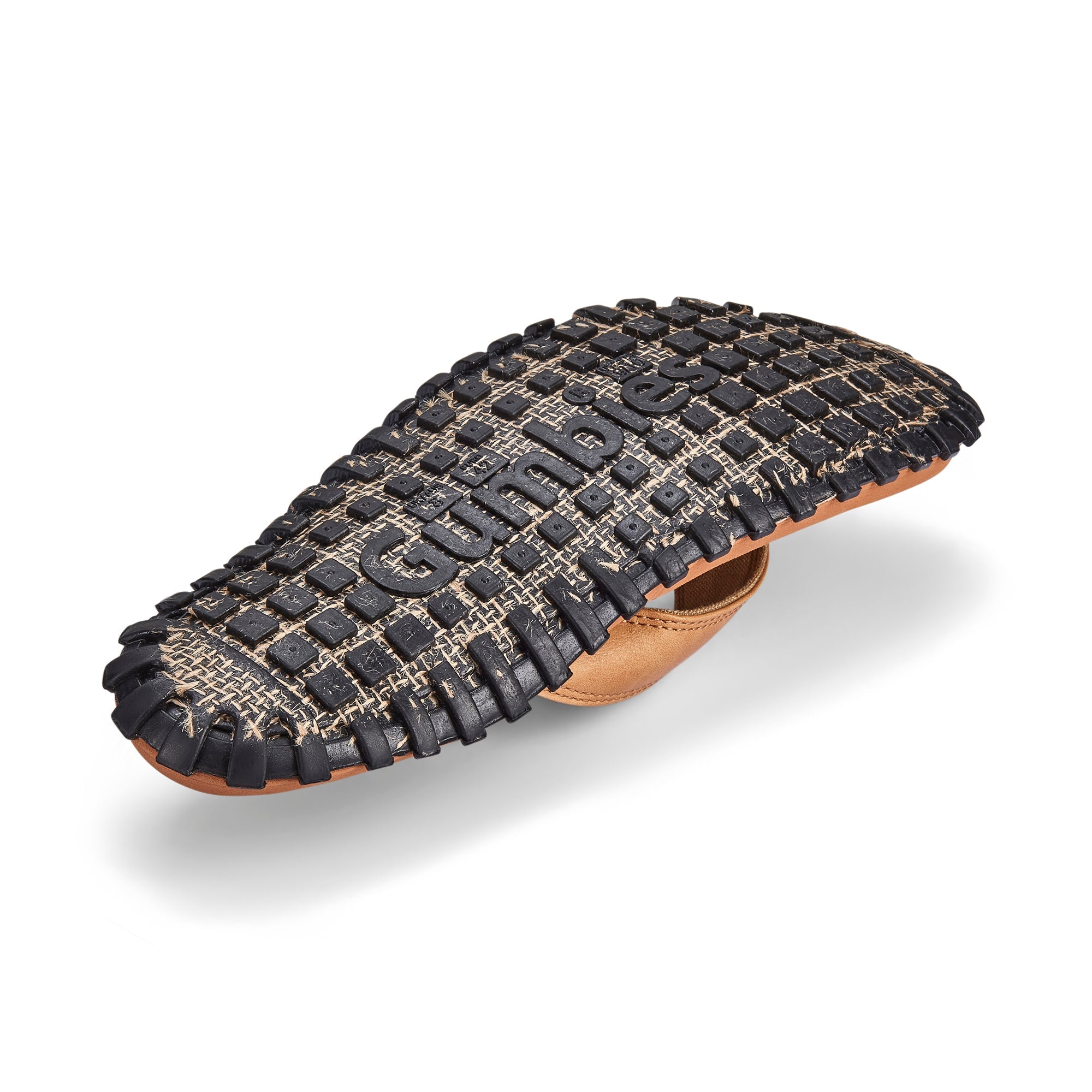 Black woven sandal with brown leather sole on a white background