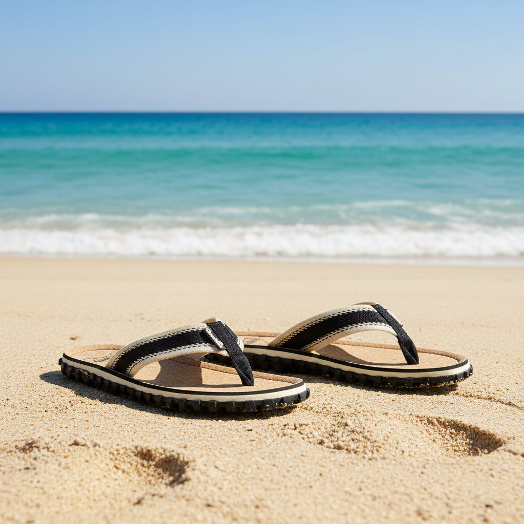Pair of Gumbies sandals on a white background
