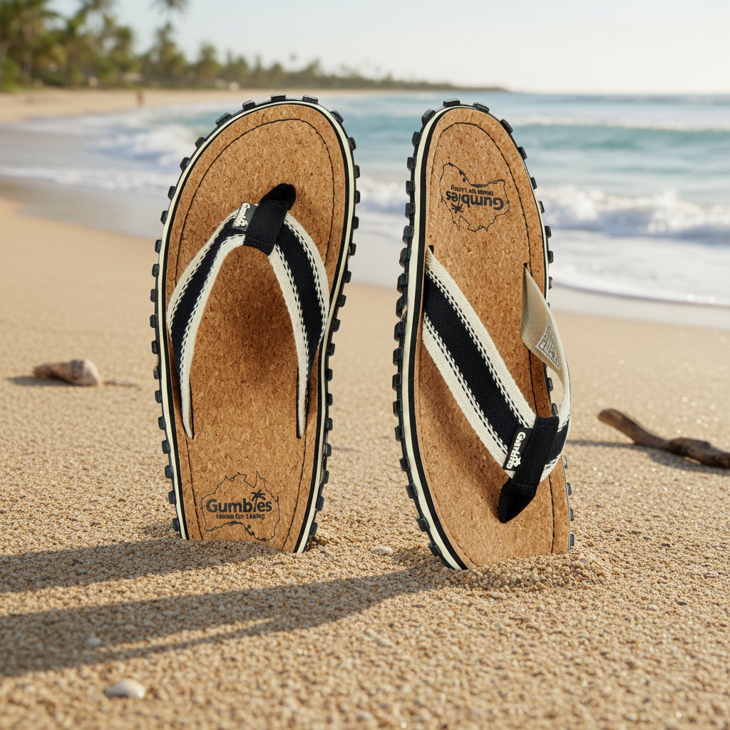 Pair of Gumbies sandals on a white background