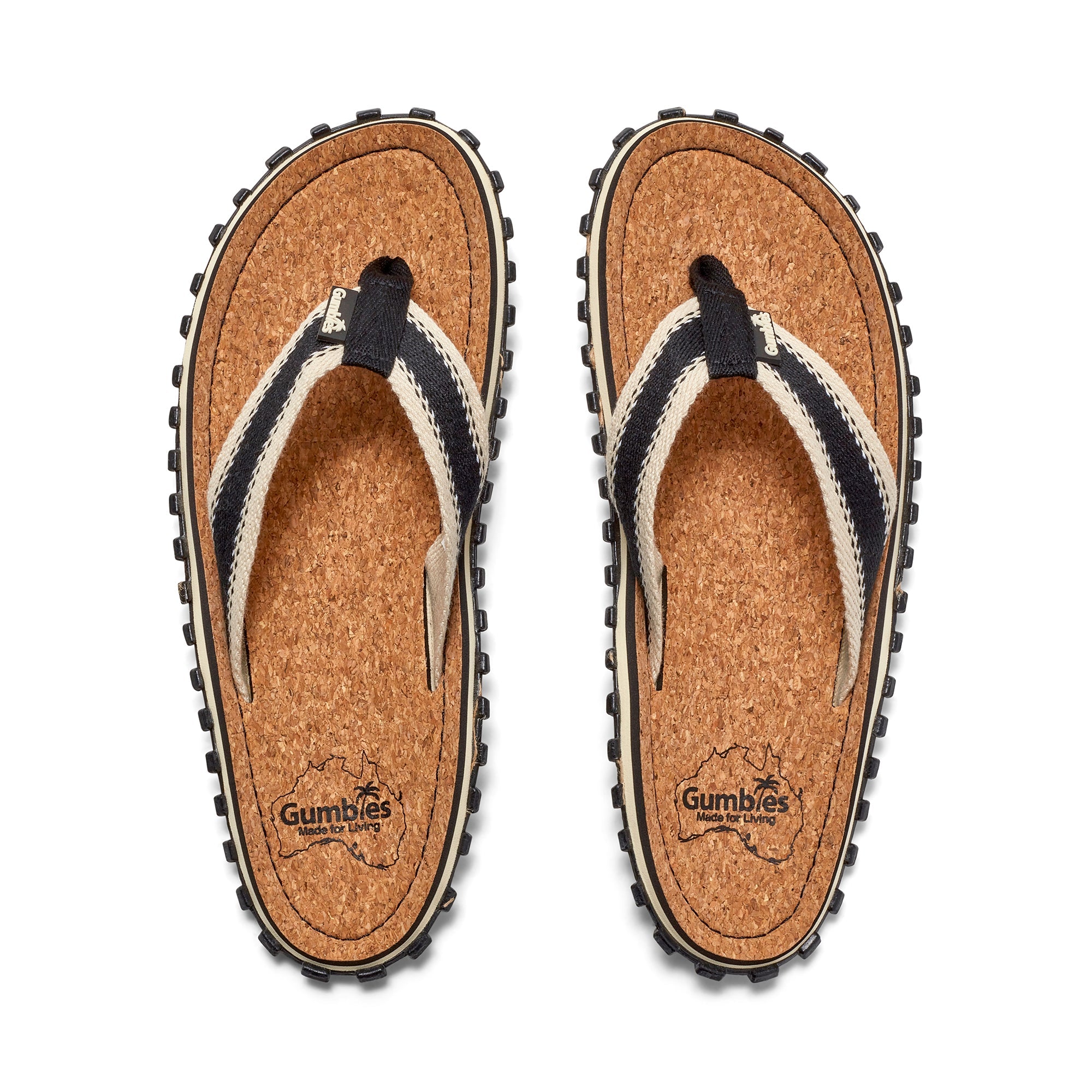 Pair of cork flip-flops with black straps on a white background