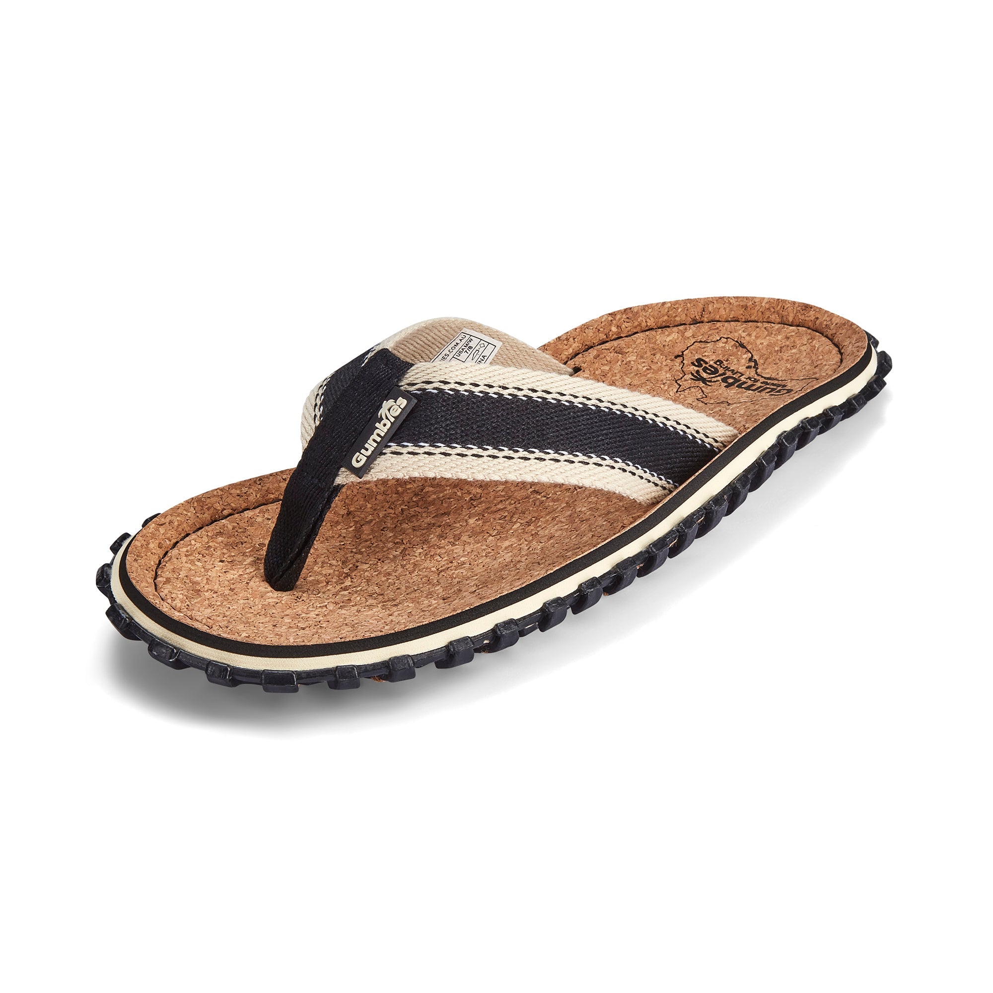 Cork sandal with black strap on a white background