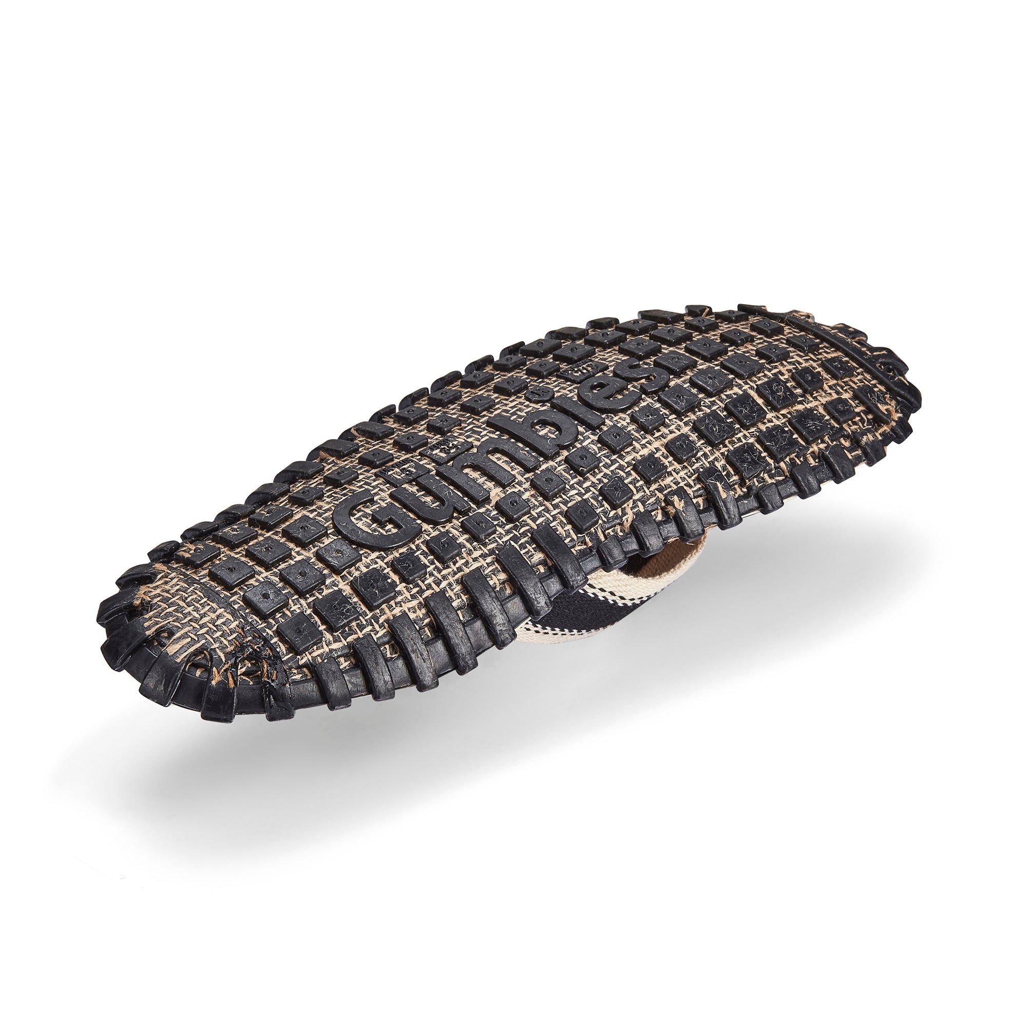 Black and brown woven leather product on a white background
