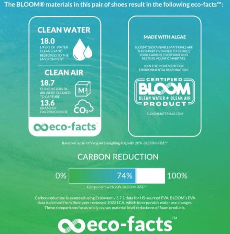 Eco-facts graphic about BLOOM materials in shoes with water and air restoration details.