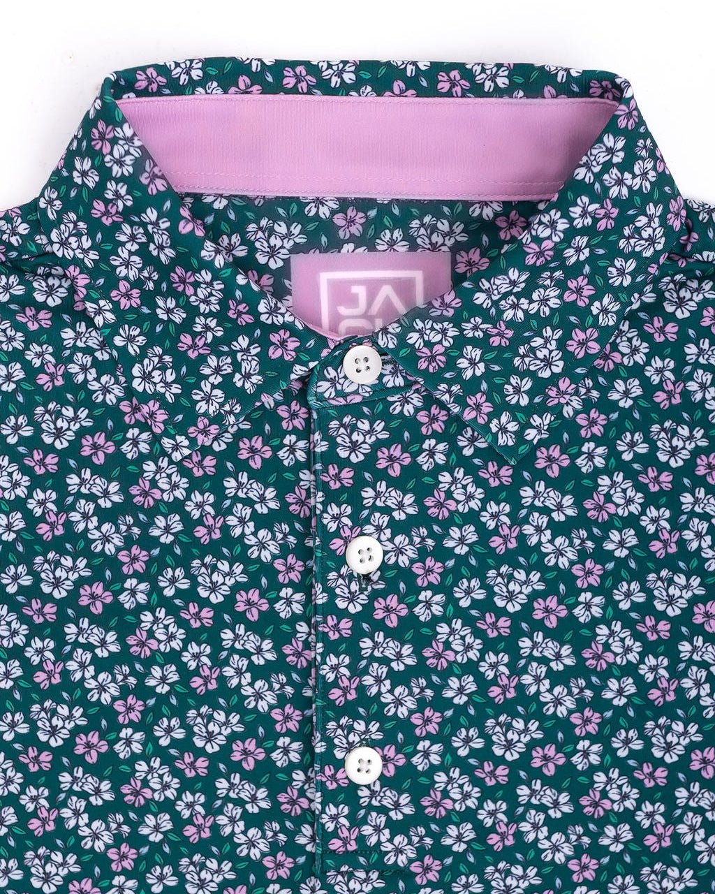 Floral patterned shirt with a pink collar and brand logo on a white background