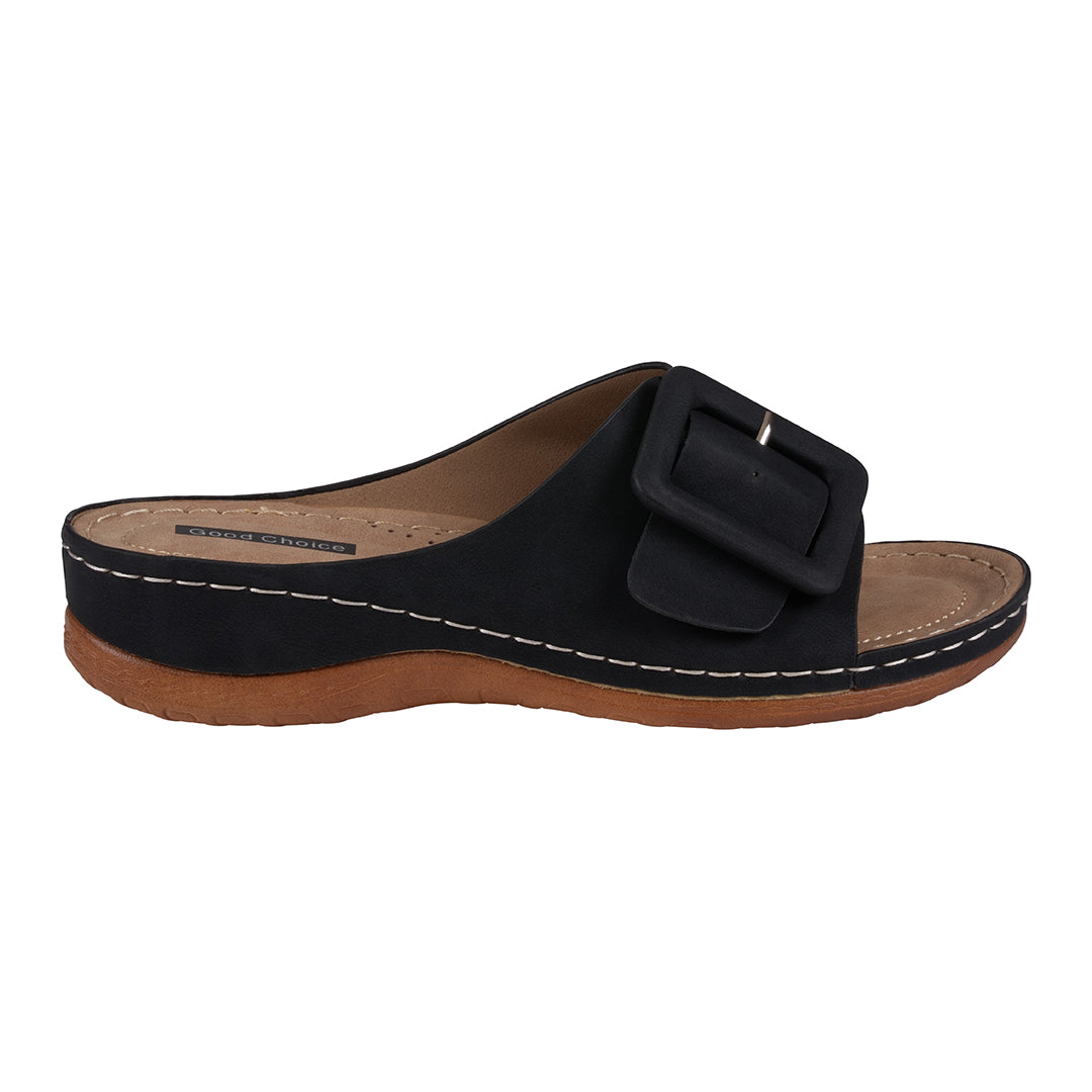 Black sandal with rhinestone straps on a white background