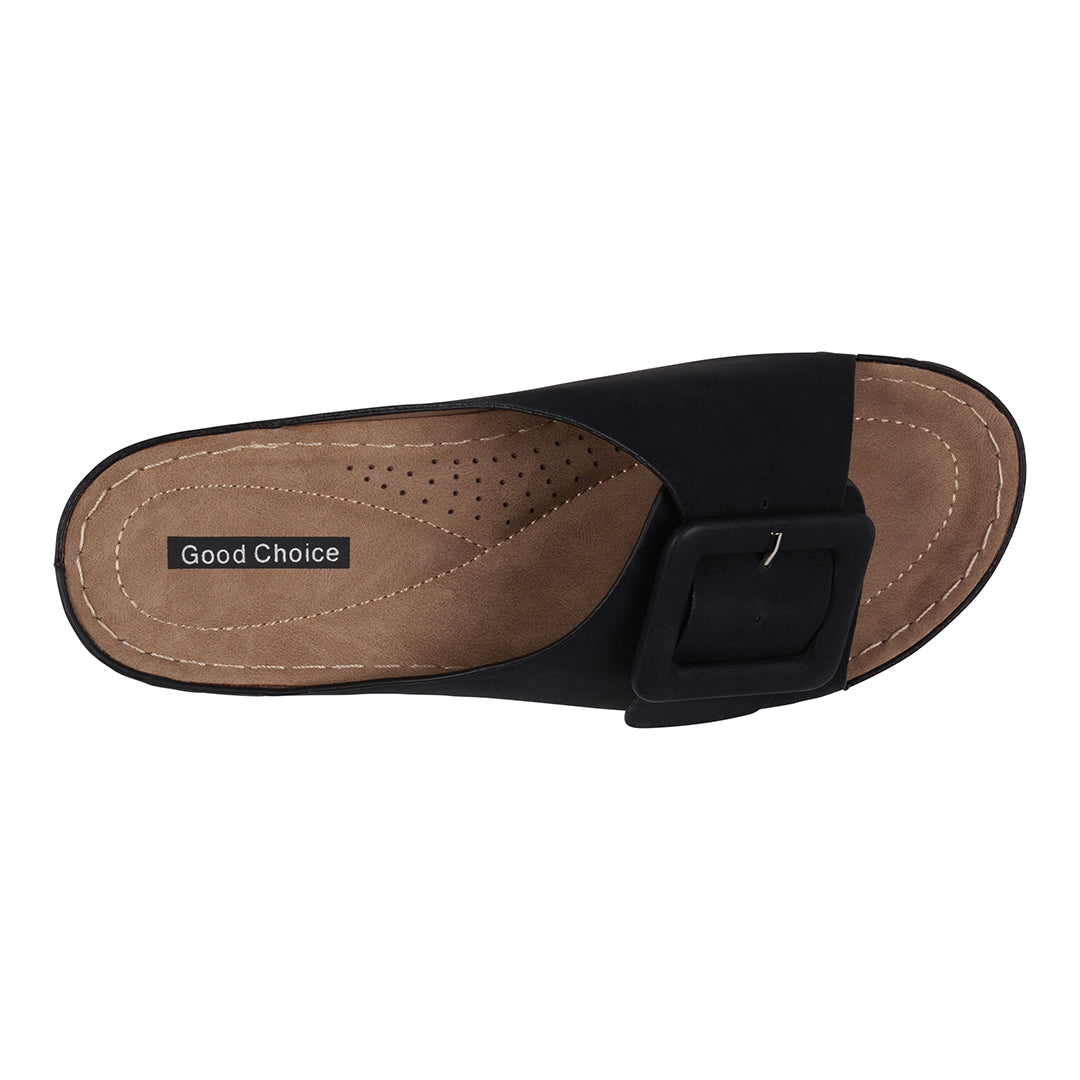 Black sandal with a brown insole on a white background