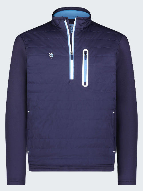 Navy blue pullover with a zipper on a white background