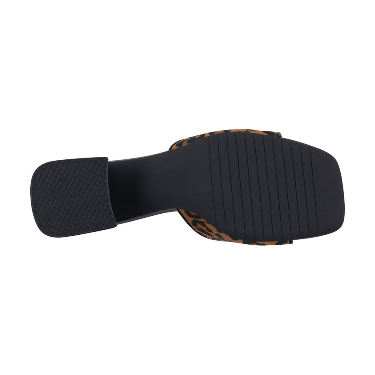 Black sandal with leopard print trim on a white background