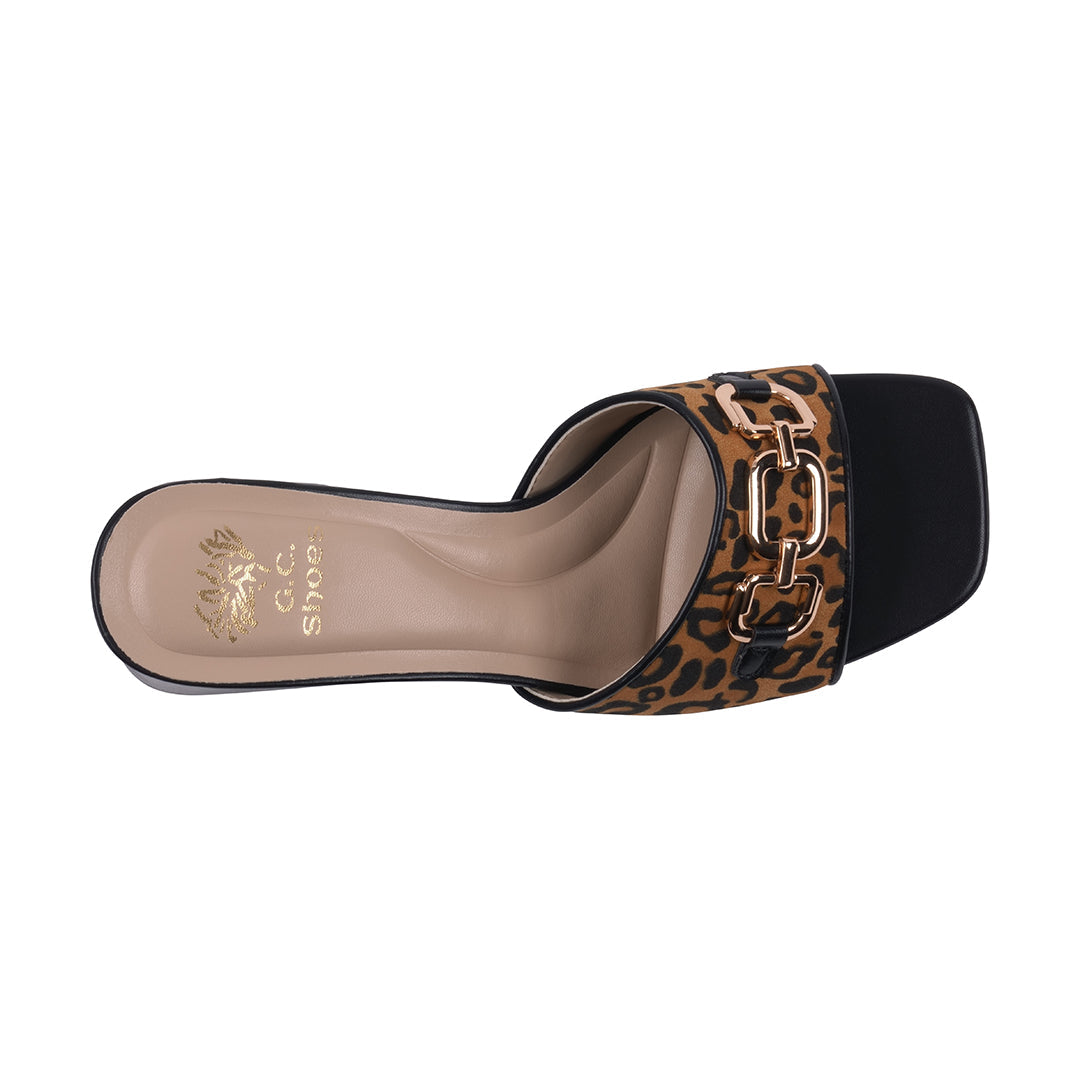 Leopard print sandal with chain detail on a white background