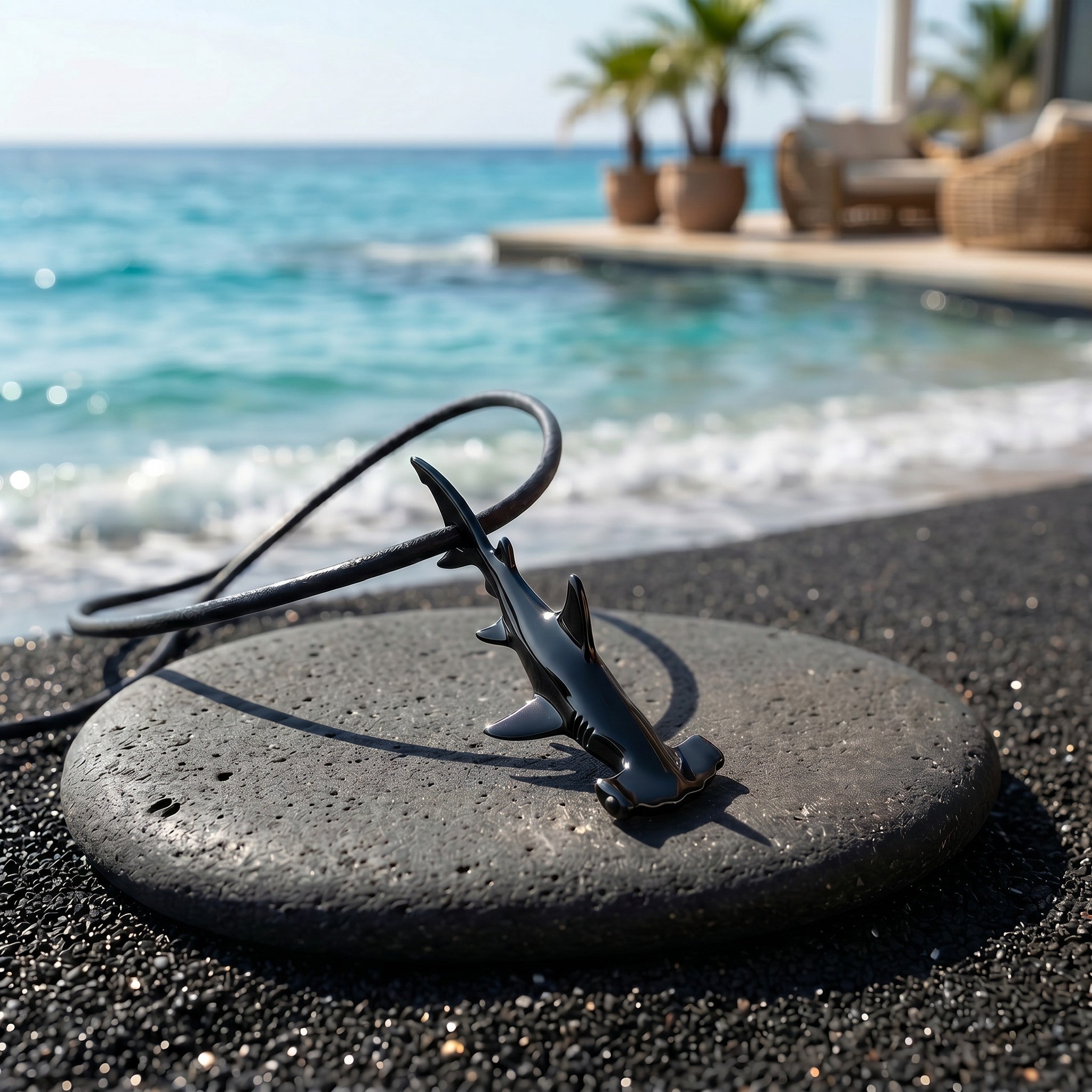 Metallic shark figurine on a black stone with ocean and pool in the background