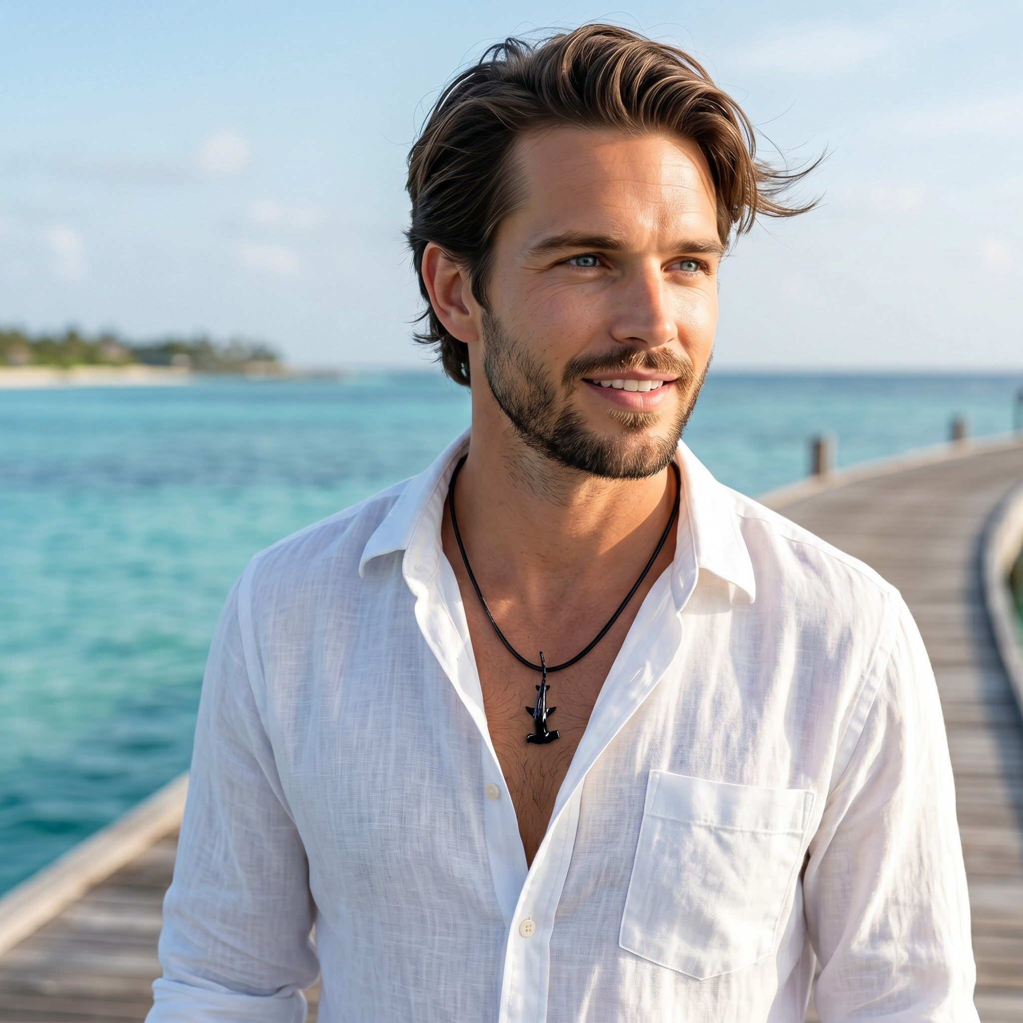 Man in a white shirt standing on a dock with ocean and sky in the background