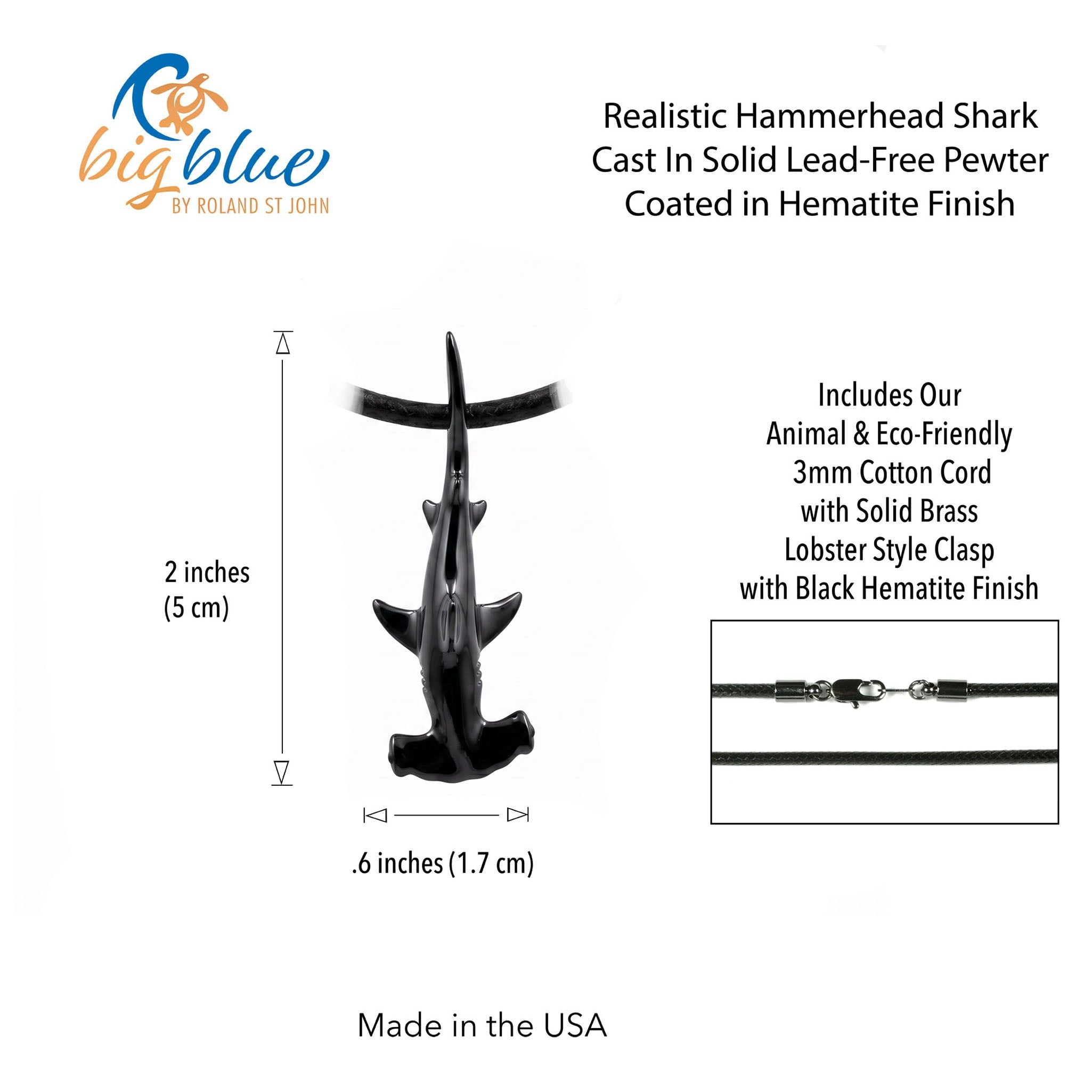 Realistic hammerhead shark pendant with measurements and product details on a white background