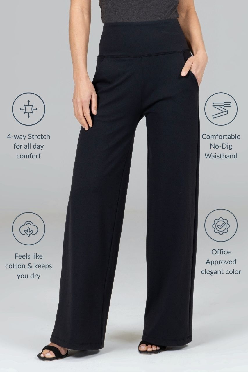 Black pants worn by a person on a gray background with text highlighting features.