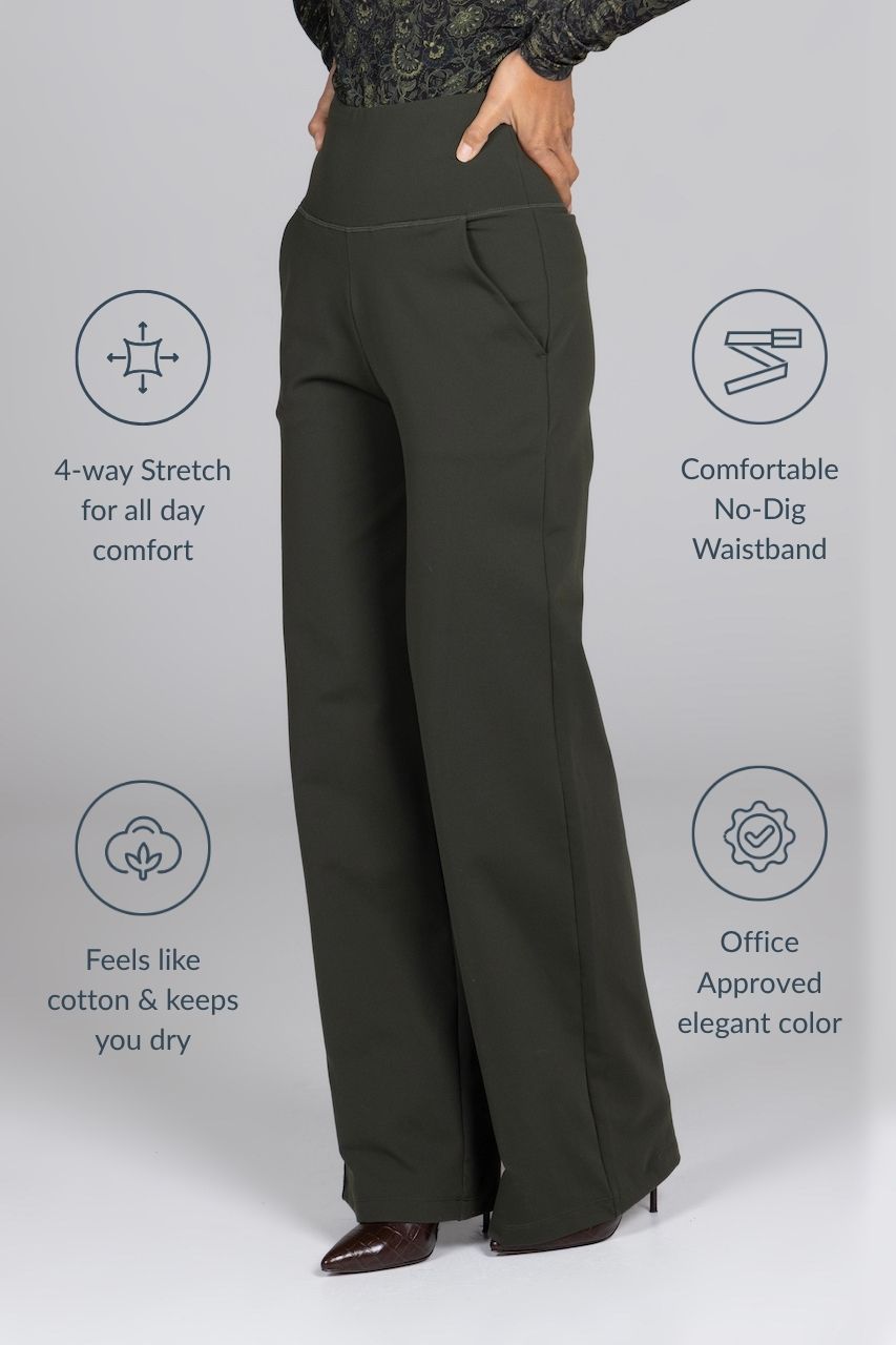 Green pants with text highlighting features on a gray background