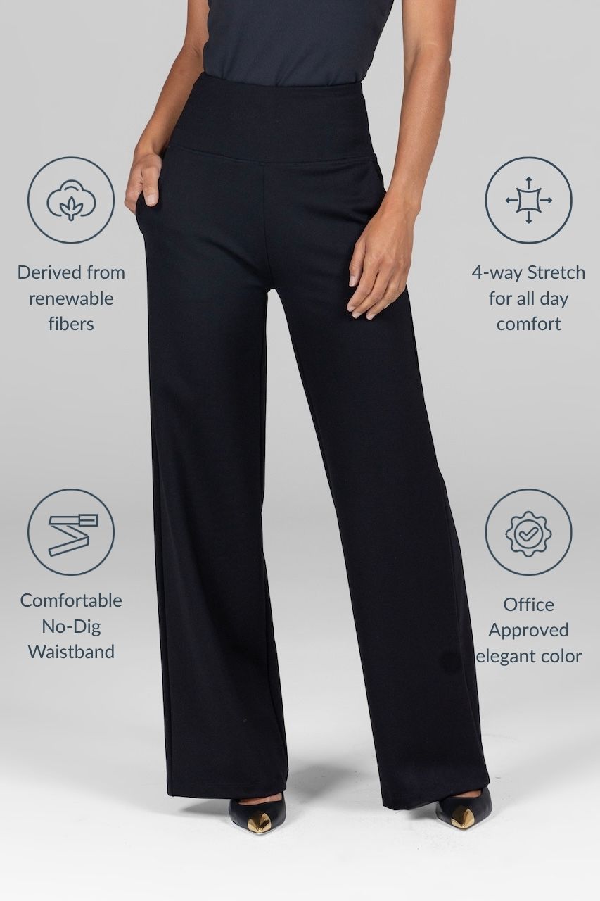Black pants with text highlighting features on a gray background