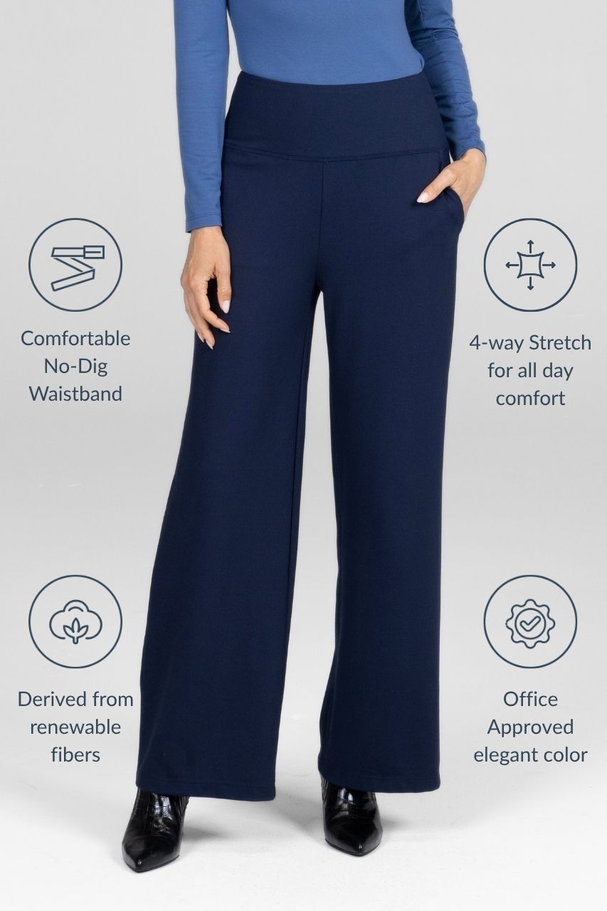 Navy pants worn by a person with text highlighting features on a light gray background
