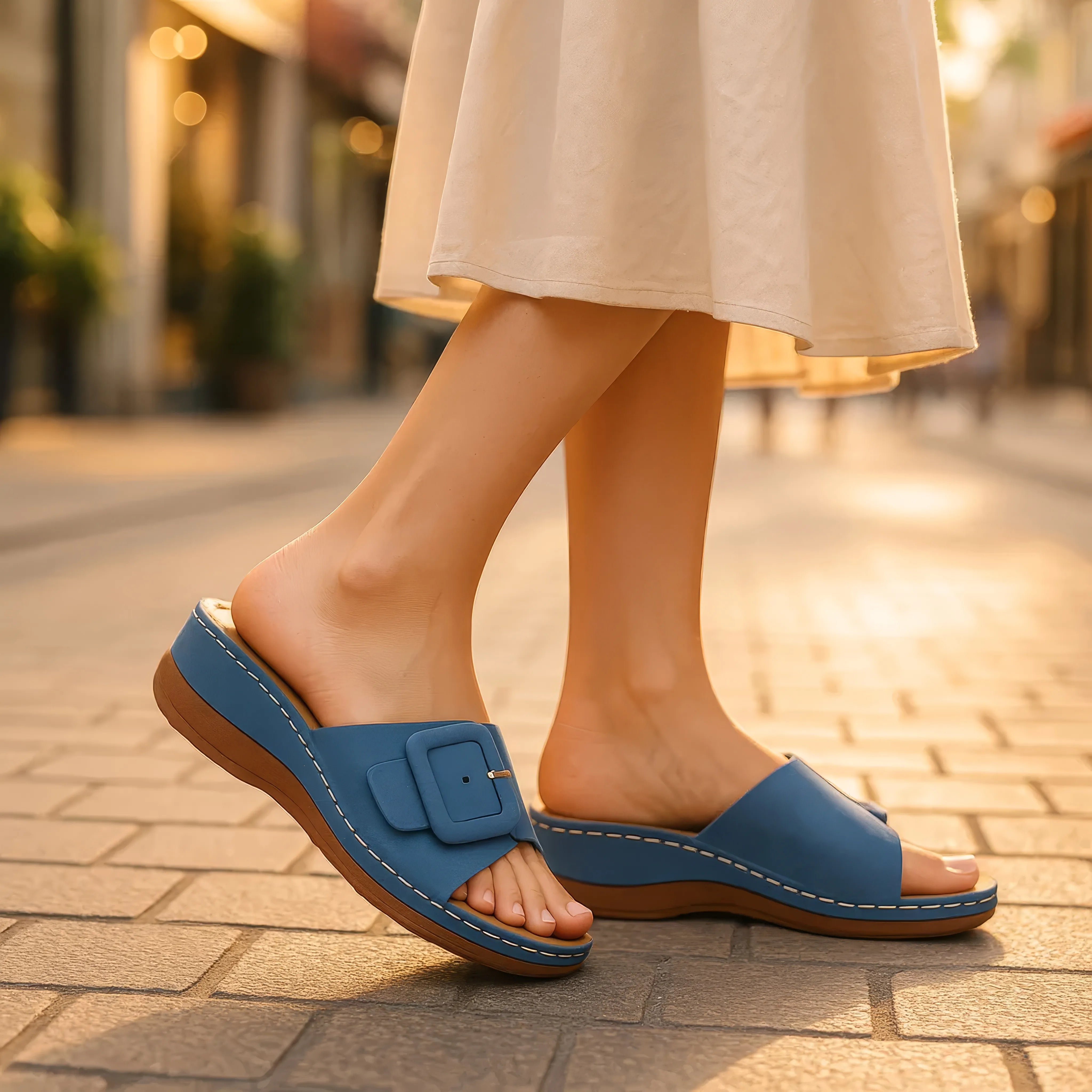 Blue sandals worn on a blurred street background