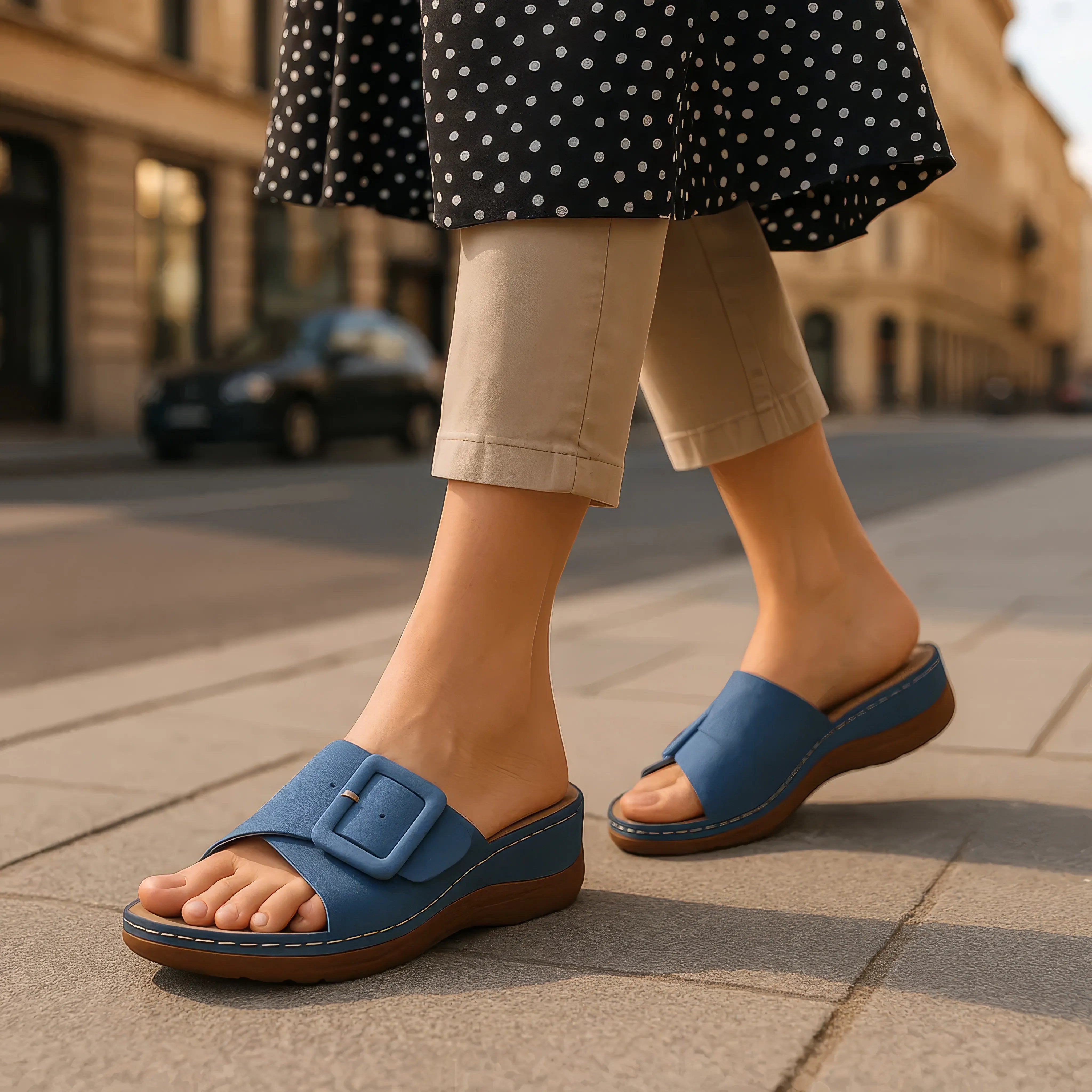Person wearing blue sandals on a city street