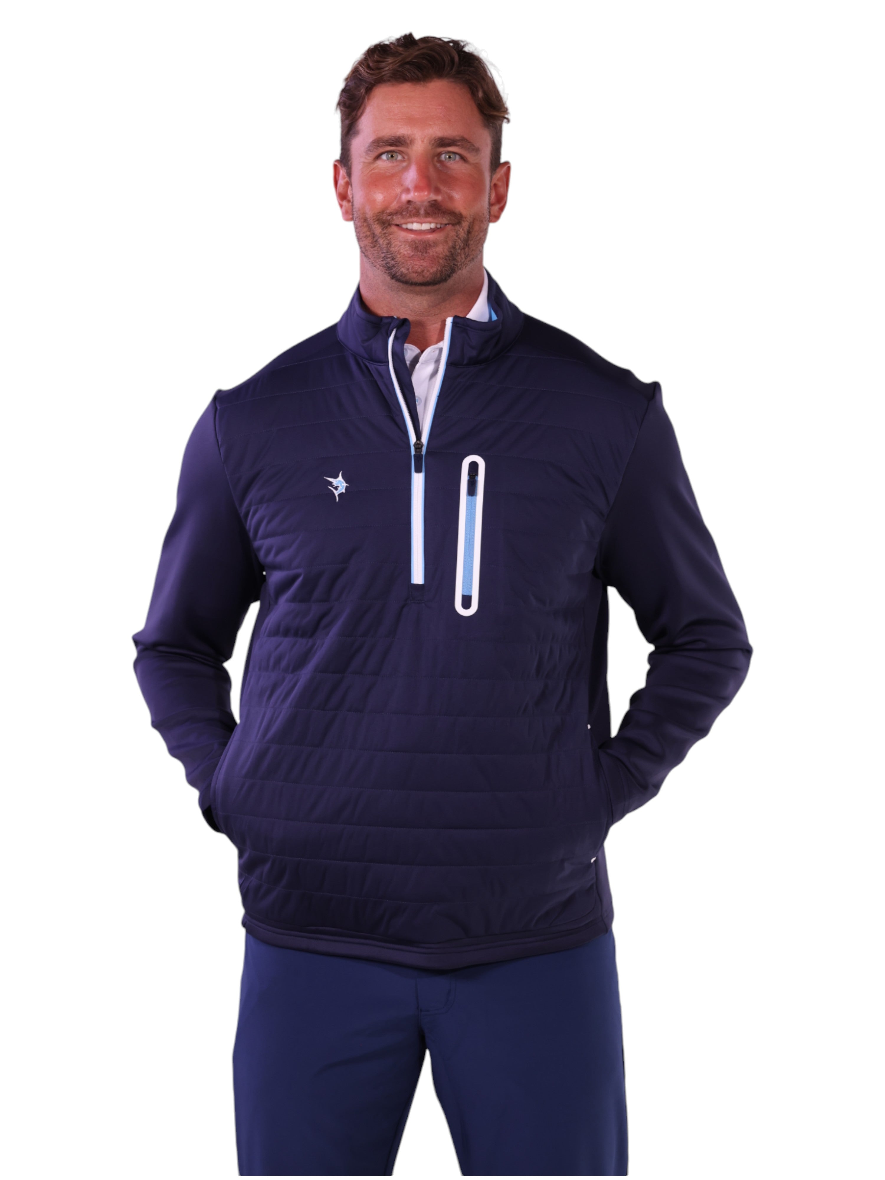 Man wearing a navy blue pullover with a zipper on a white background
