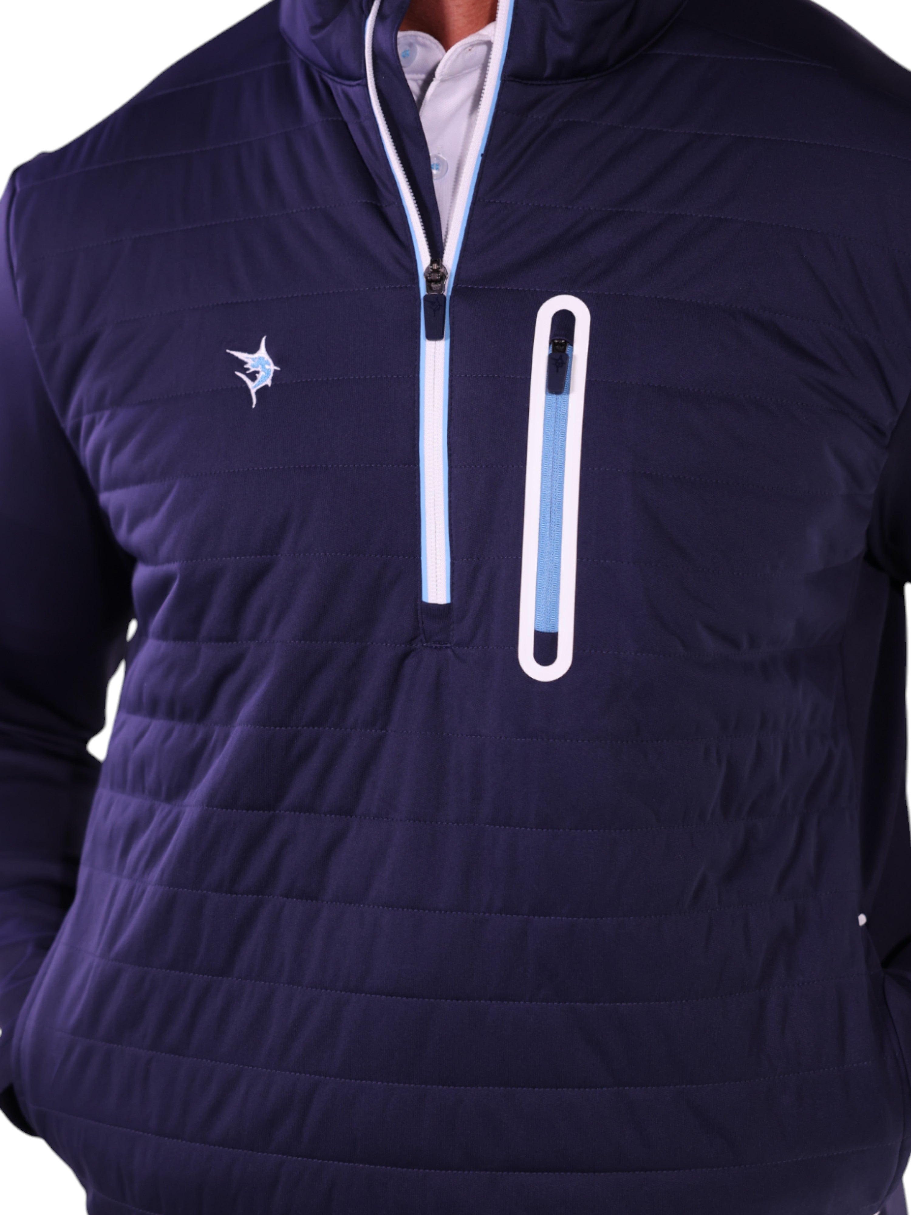 Navy blue puffer jacket with a brand logo on a white background