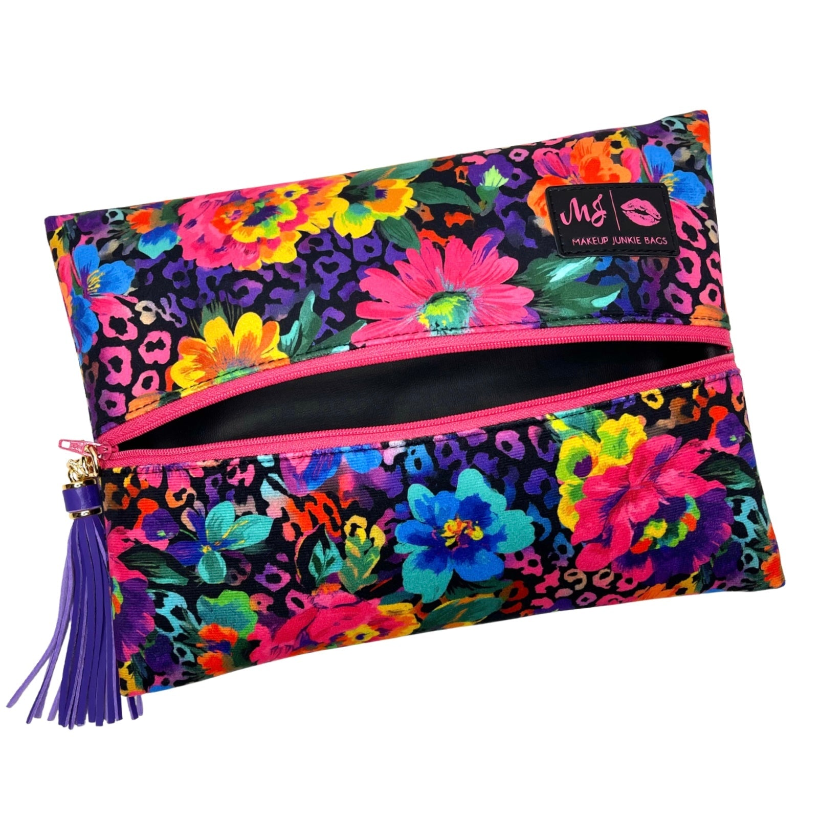 Colorful floral and leopard print makeup bag with a pink zipper on a white background