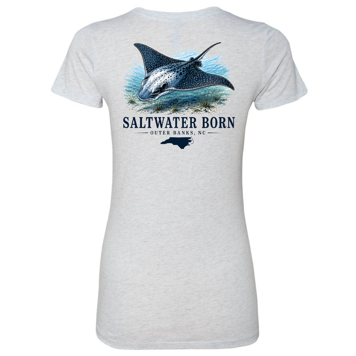 A light heather gray short-sleeve t-shirt shown from the back, featuring a graphic print of a manta ray, blue water, and the text 'SALTWATER BORN OUTER BANKS, NC' with a small silhouette of Outer Banks.