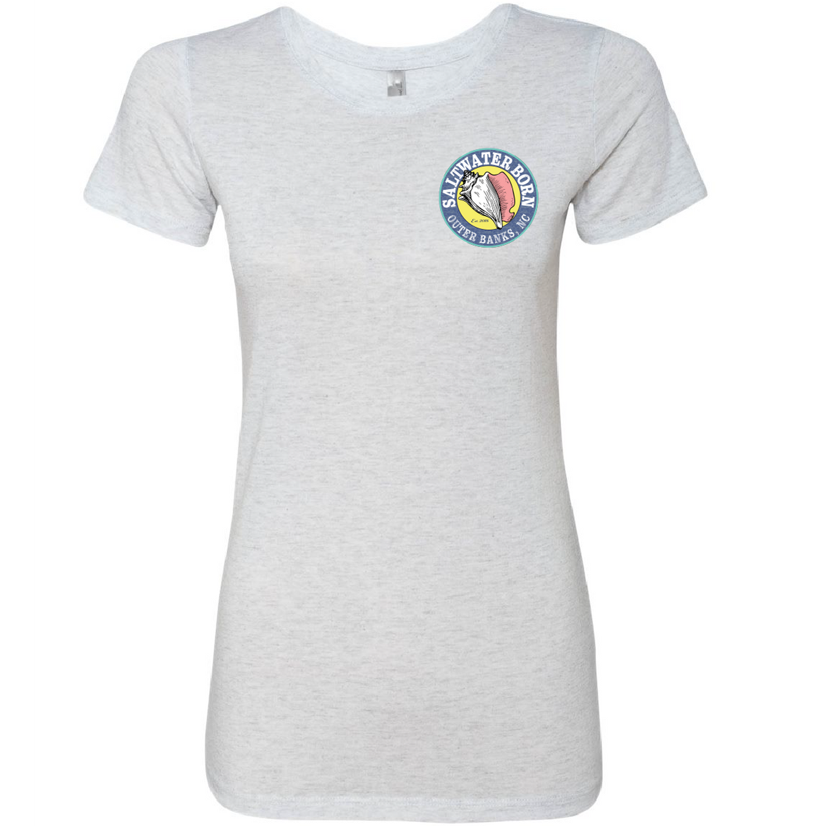 A light heather gray short-sleeve t-shirt with a scoop neck, featuring a circular 'The Harbor Dive Water Sports' logo printed on the left chest.