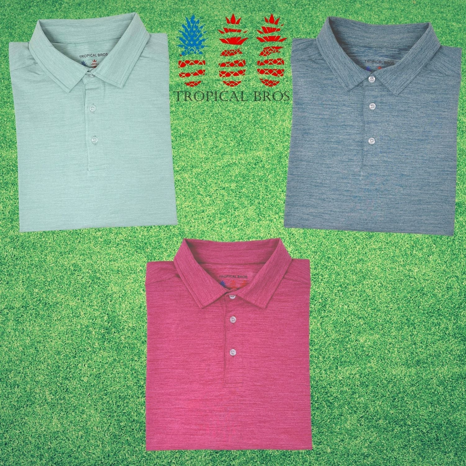Three folded polo shirts in green, blue, and pink on a grassy background with 'Tropical Bros' logo.
