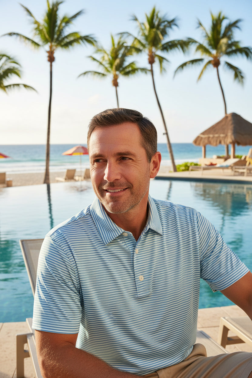 Close-up of a blue and white striped polo shirt with a brand logo on a white background