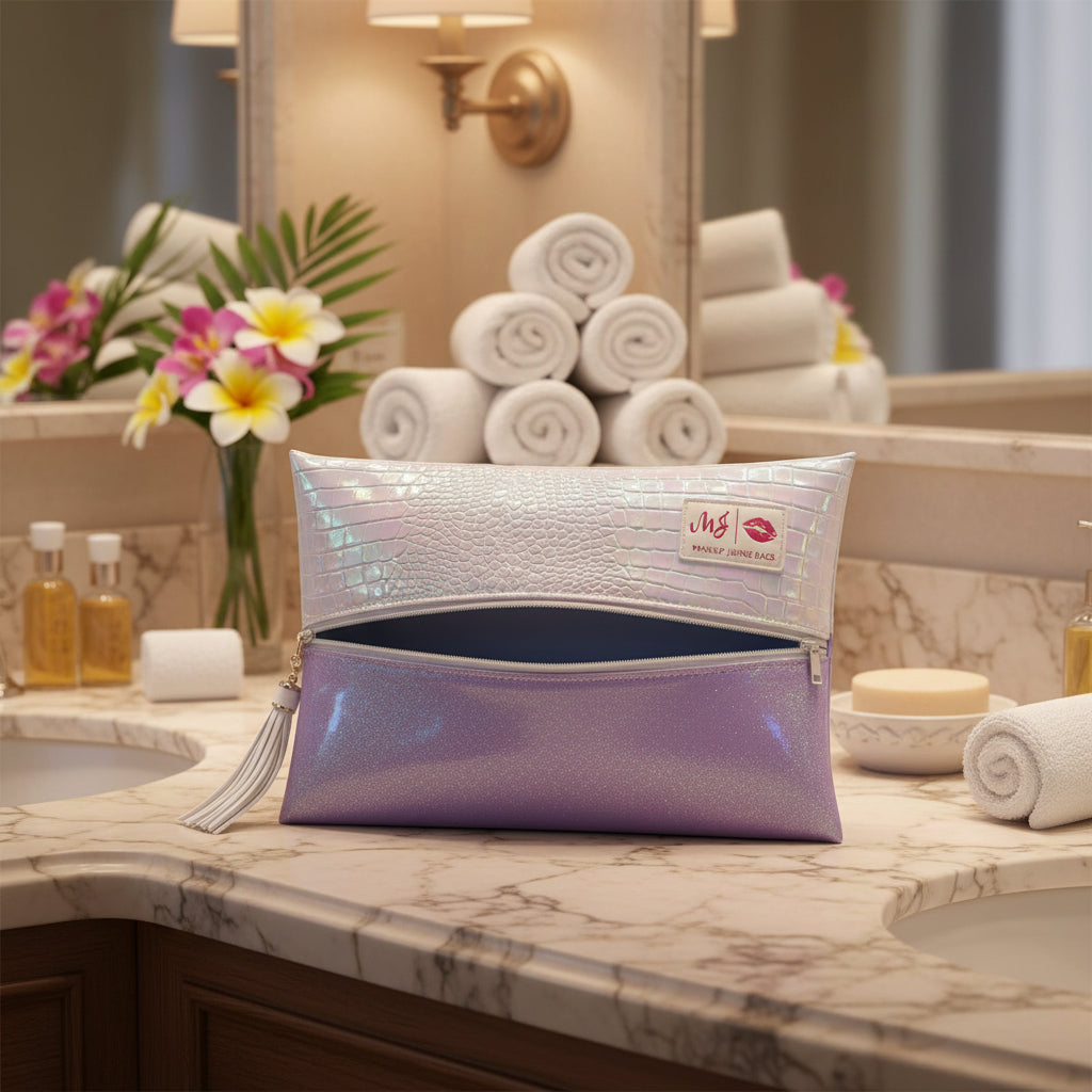 Purple glittery pouch with a white zipper and tassel on a white background