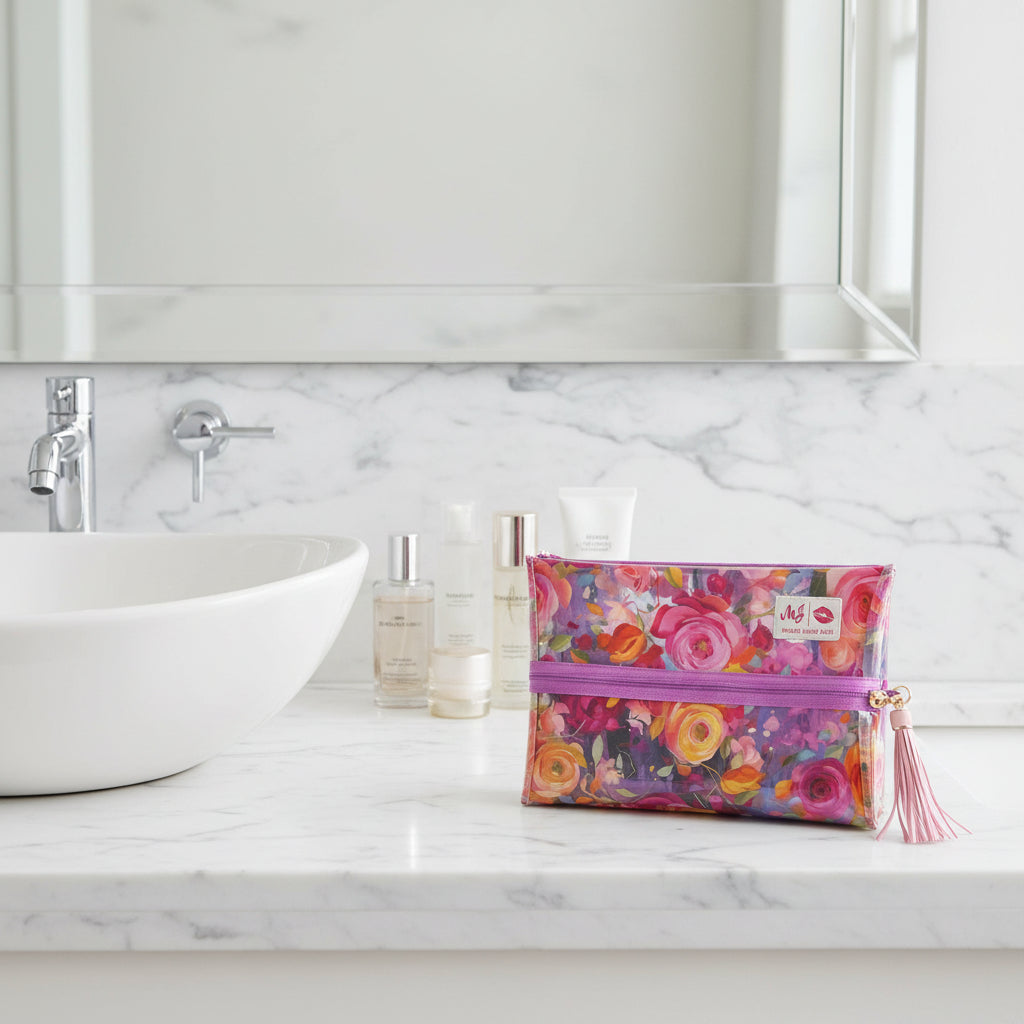 Floral makeup bag with a pink zipper and tassel on a white background