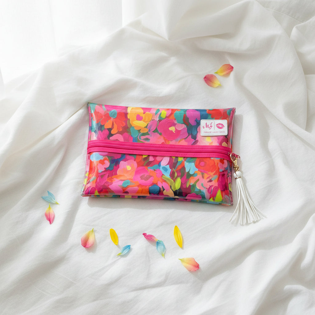 Colorful floral pouch with a pink zipper on a white background