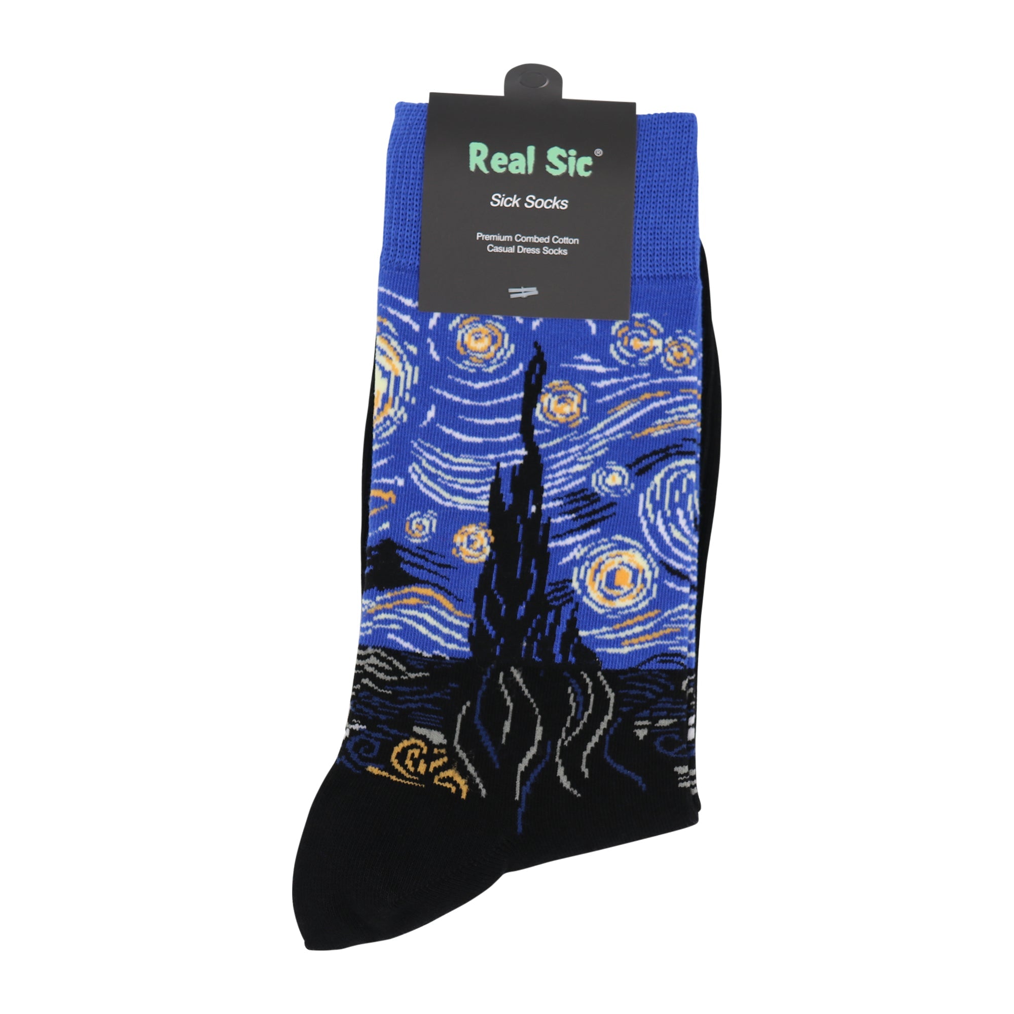 Blue and black sock with 'Real Sic' branding on a white background