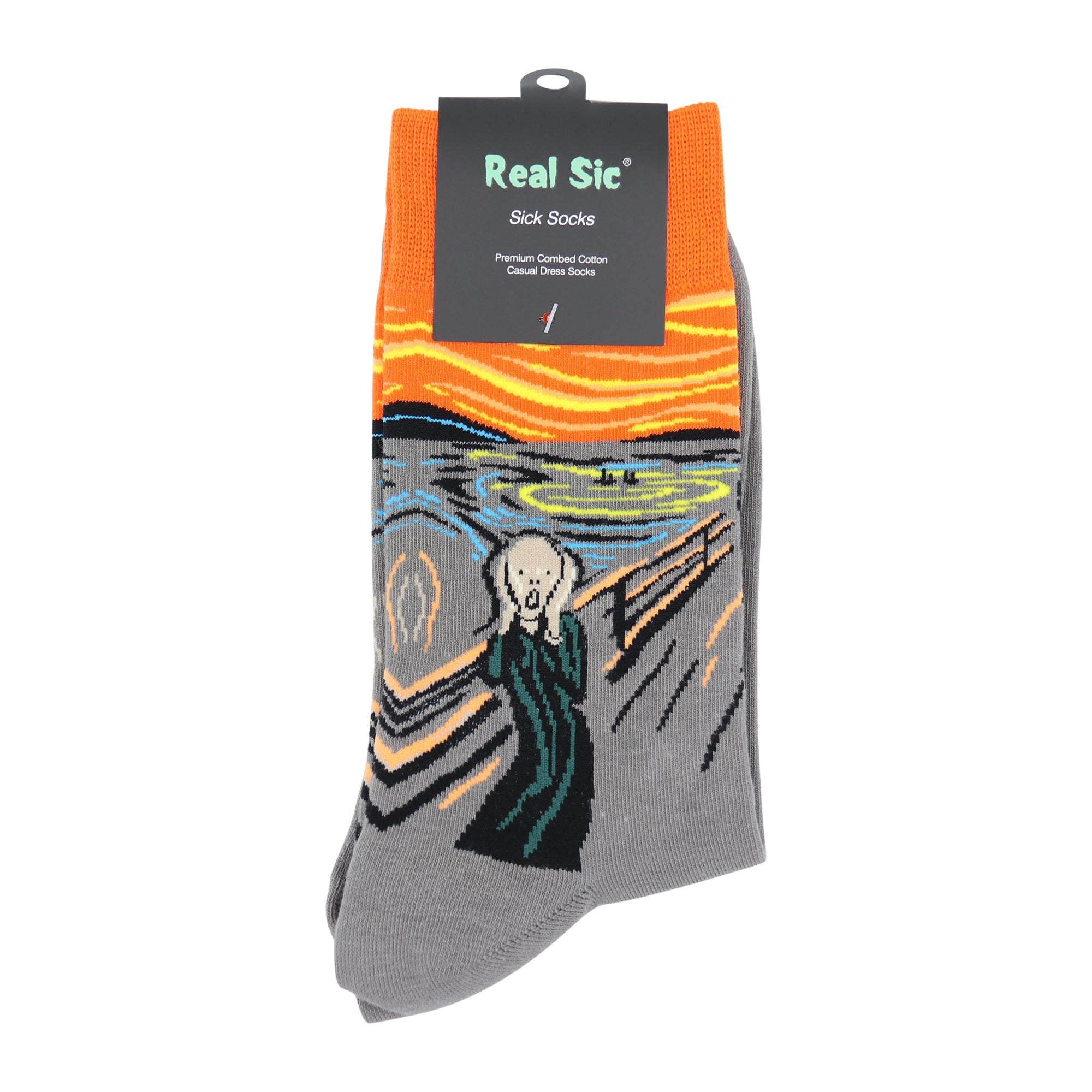 Socks with 'The Scream' design by Edvard Munch, featuring orange and gray colors, on a white background.