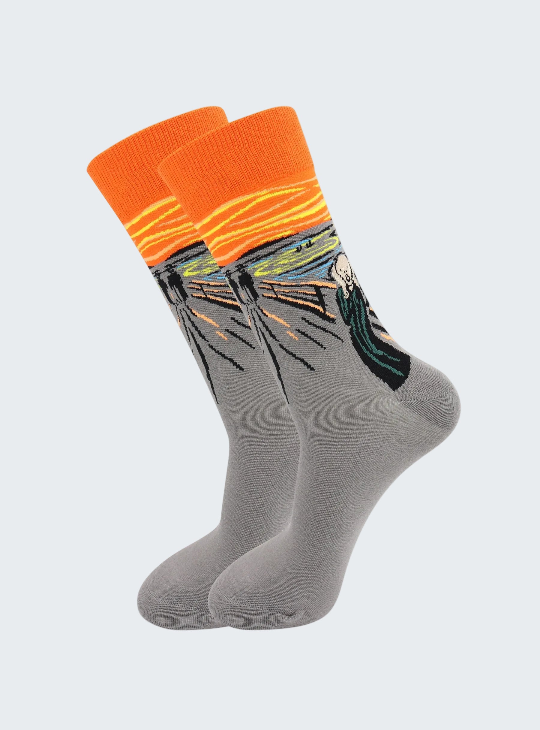 Gray socks with orange and yellow accents on a white background