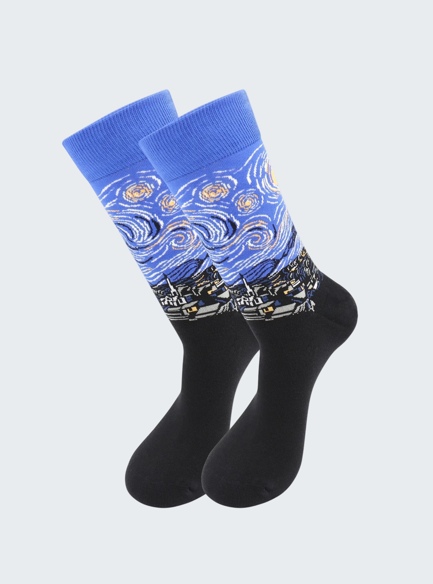 Pair of socks with a blue and black pattern on a white background